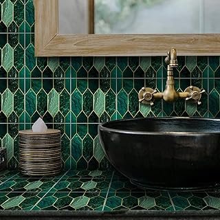 10Pcs Green Gilding Marble PVC Adhesive Tile Peel and Stick Thick, Flat Glossy Wall Sticker for Living Room Kitchen Bathroom Toilet Bar (7.87"X7.87"(20cmx20cm) 10Pcs)