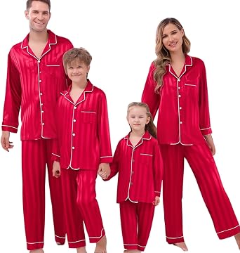 Christmas Pijamas Sets Family Silk Couples Pajamas Matching Sets Long Sleeve Pj Satin Button Down Holiday Sleepwear