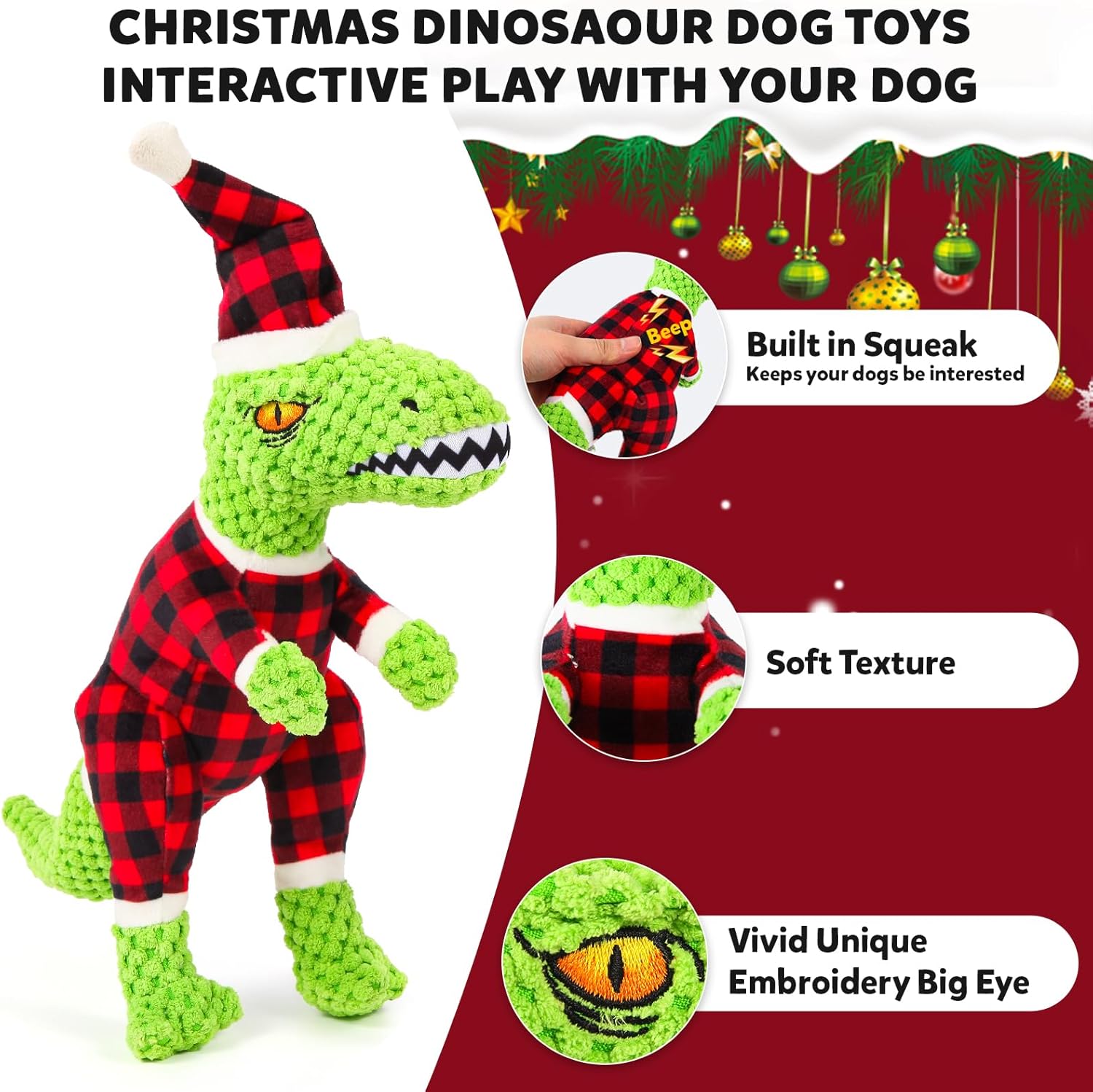 Christmas Dog Toy for Large Breeds - Squeaky Plush Tug of War Toy with Crinkled Paper - Stuffed Animal to Keep Dogs Busy