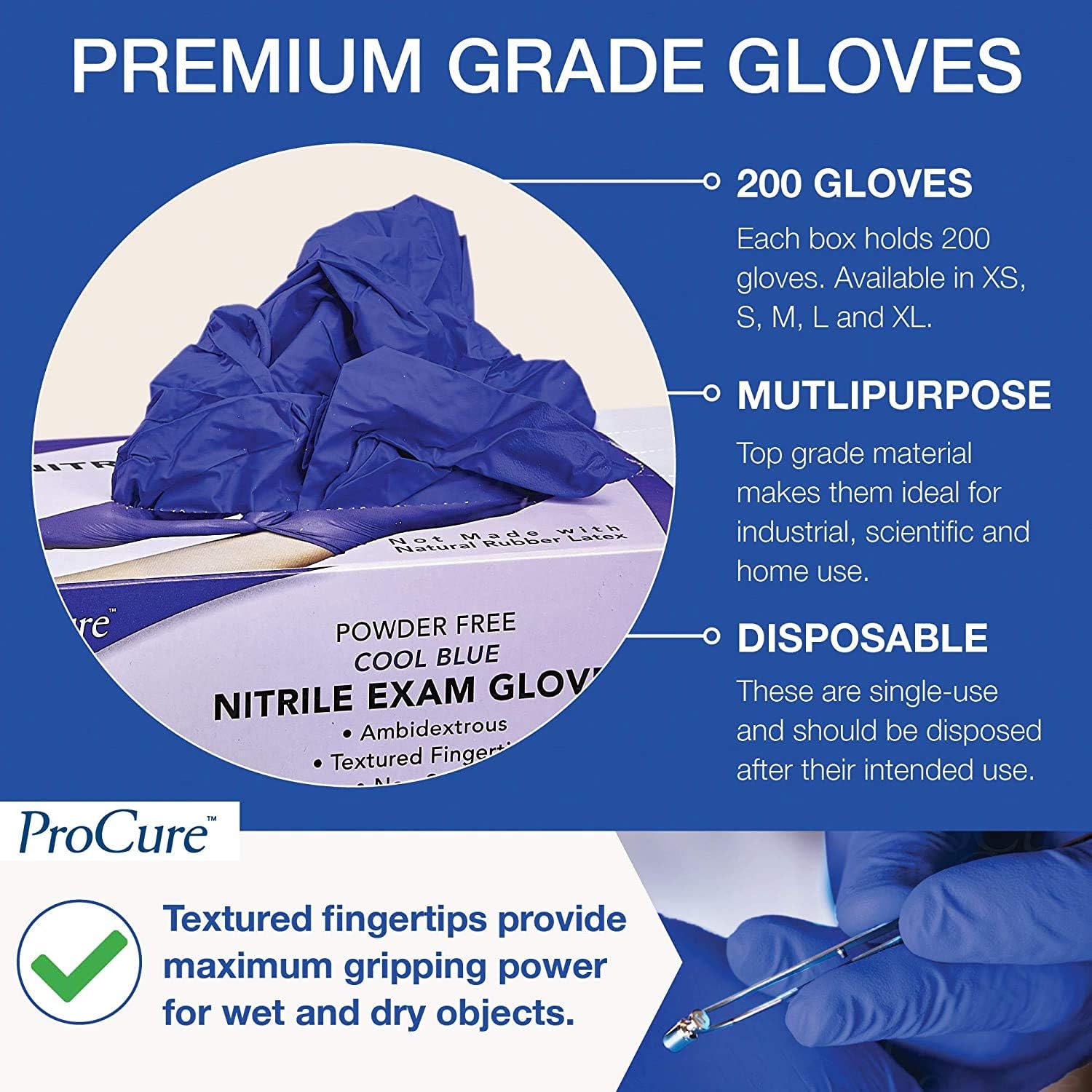 ProCure Disposable Nitrile Gloves - Medium, 2,000 Count Case - Powder Free, Rubber Latex Free, Medical Exam Grade, Non Sterile, Ambidextrous - Soft with Textured Tips - Cool Blue