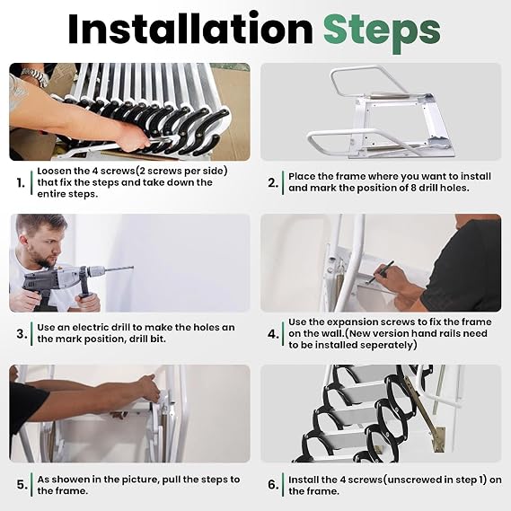 Attic Ladder, 12FT Pull Down System, Wall Mounted Folding Pull Down Attic, 880LBS Capacity Foldable Loft Stairs with Armrests Mounted Walls for Attics, Basements, Warehouse