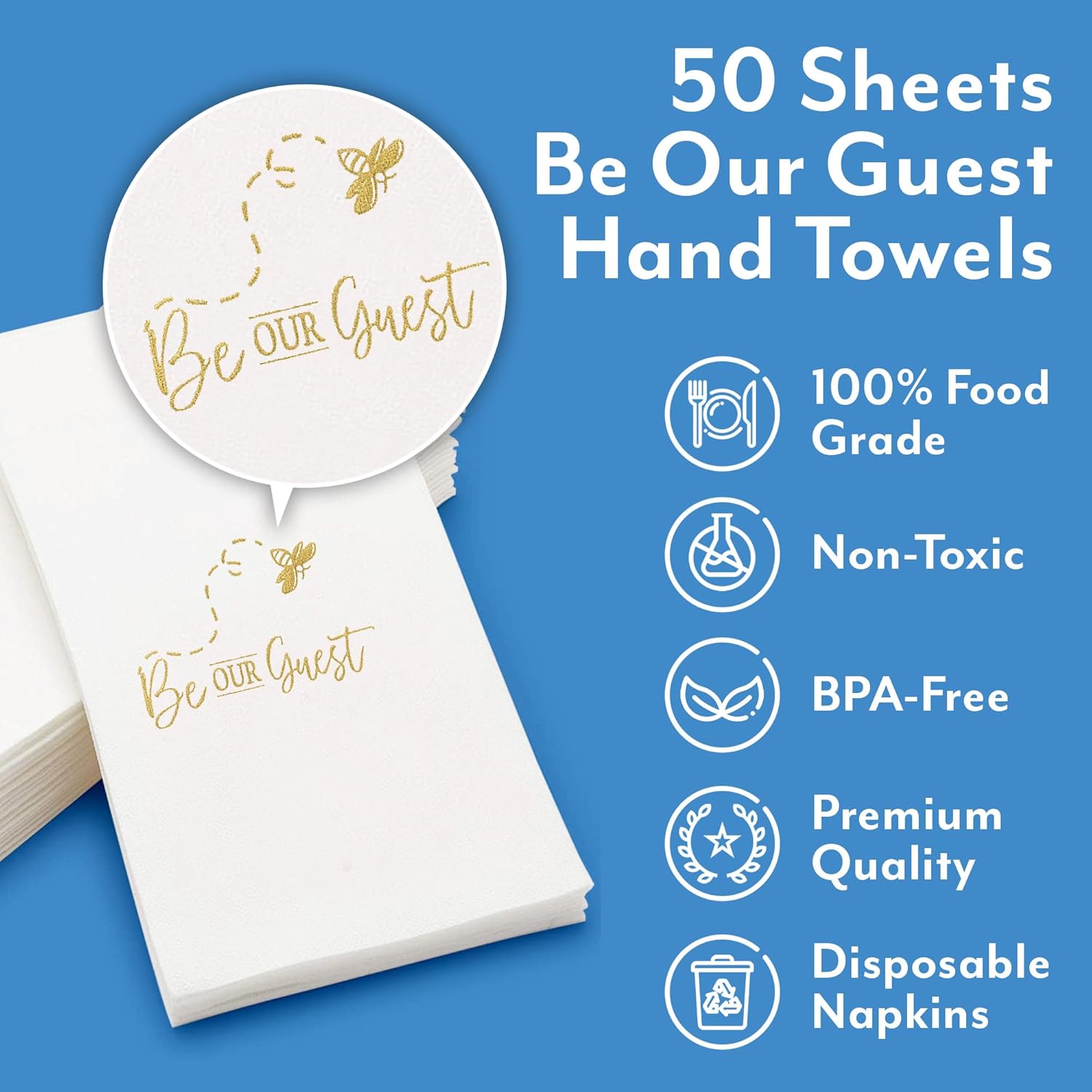 AMERICAN HOMESTEAD Disposable Hand Towels for Bathroom - Decorative Be Our Guest Gold Design - Linen-Like Guest Napkins for Events, or Dinner Parties - Paper Towels - 15.5" x 12" - 50 Count