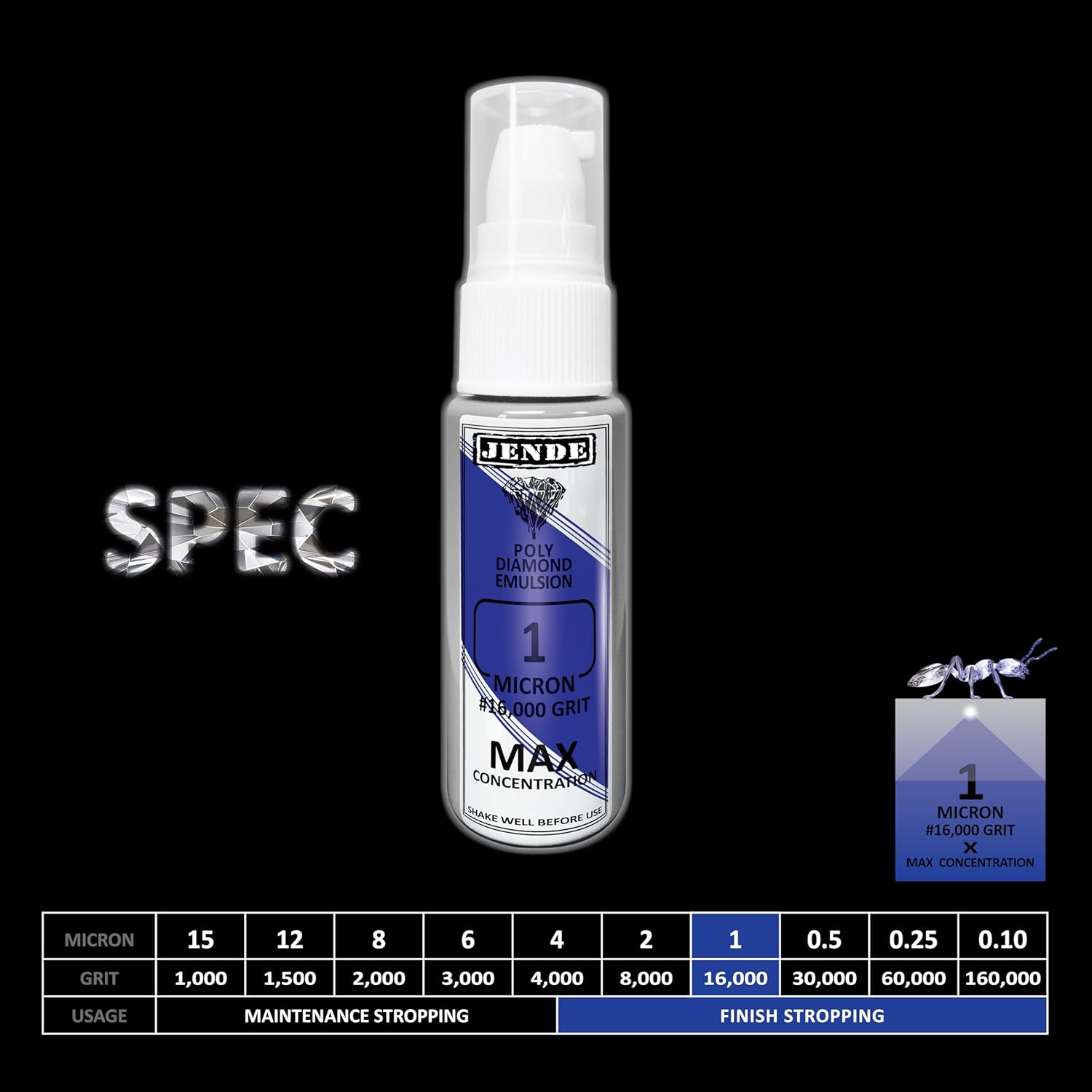 Jende 1 Micron Max Concentration Poly Diamond Stropping Emulsion 20ml - Higher Diamond Carat level