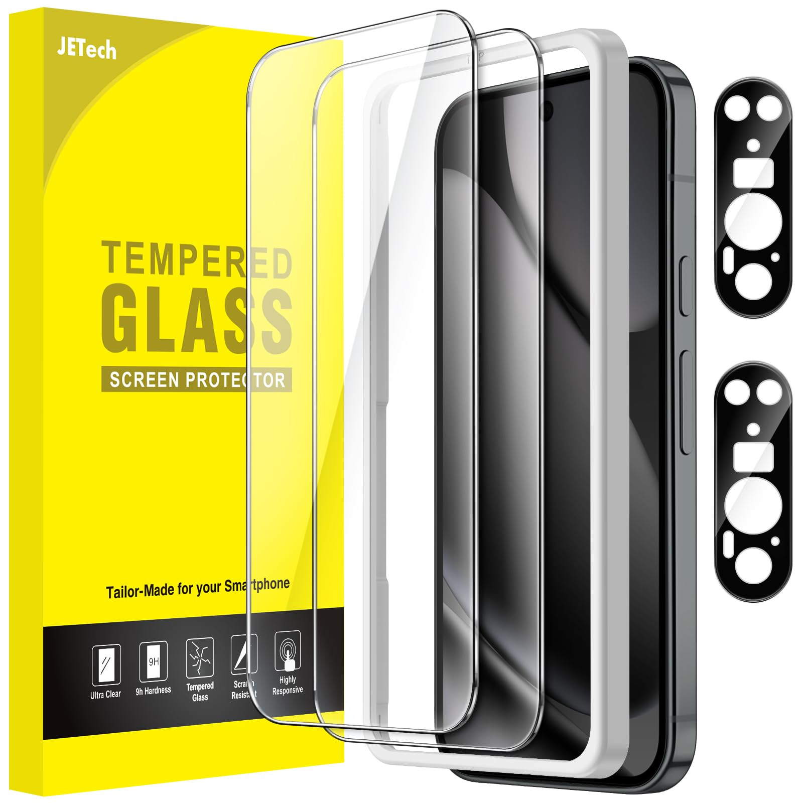 JETech Protection D'écran pour Google Pixel 10 Pro avec Protecteur d'Objectif Caméra, Compatible avec le Déverrouillage par Empreinte Digitale, Film en Verre Trempé, HD Clair, Lot de 2 Chacun