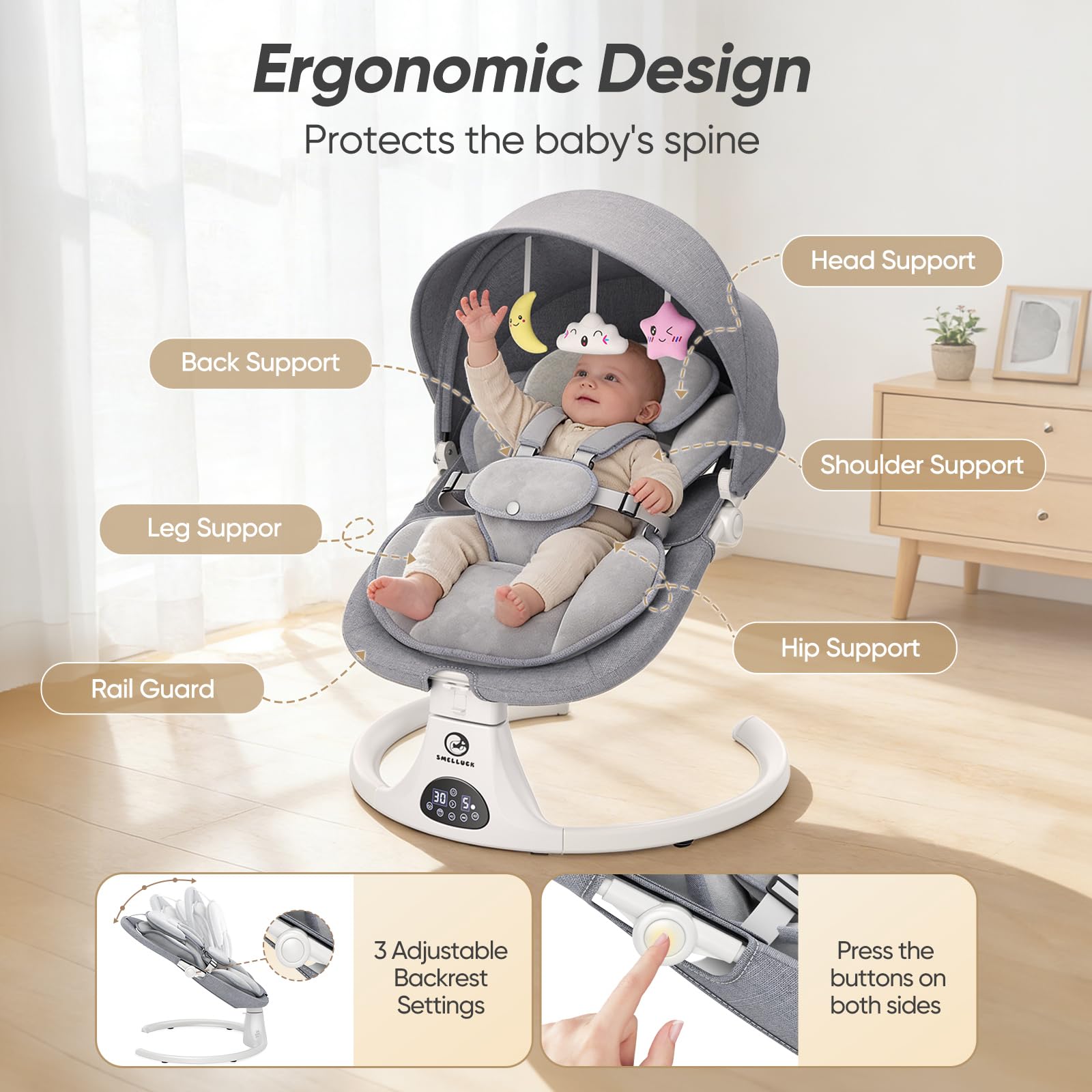 Balancelle Bébé Électrique avec Dossier Réglable sur 3 Positions | 5 vitesses, 12 mélodies apaisantes, minuterie 8/15/30 min, télécommande, coussin amovible, 3 alimentations