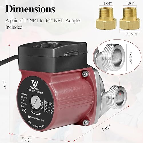 Miniatura 5 de WiseWater Bomba de recirculación de agua caliente de acero inoxidable 304, 3 velocidades con adaptadores NPT de 34 pulgadas, bomba de refuerzo de