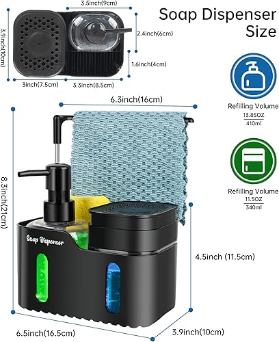 Miniatura 7 de Juego de dispensador de jabón de manos y jabón para platos para cocina, dispensador de jabón doble con soporte para esponja y soporte para paños de