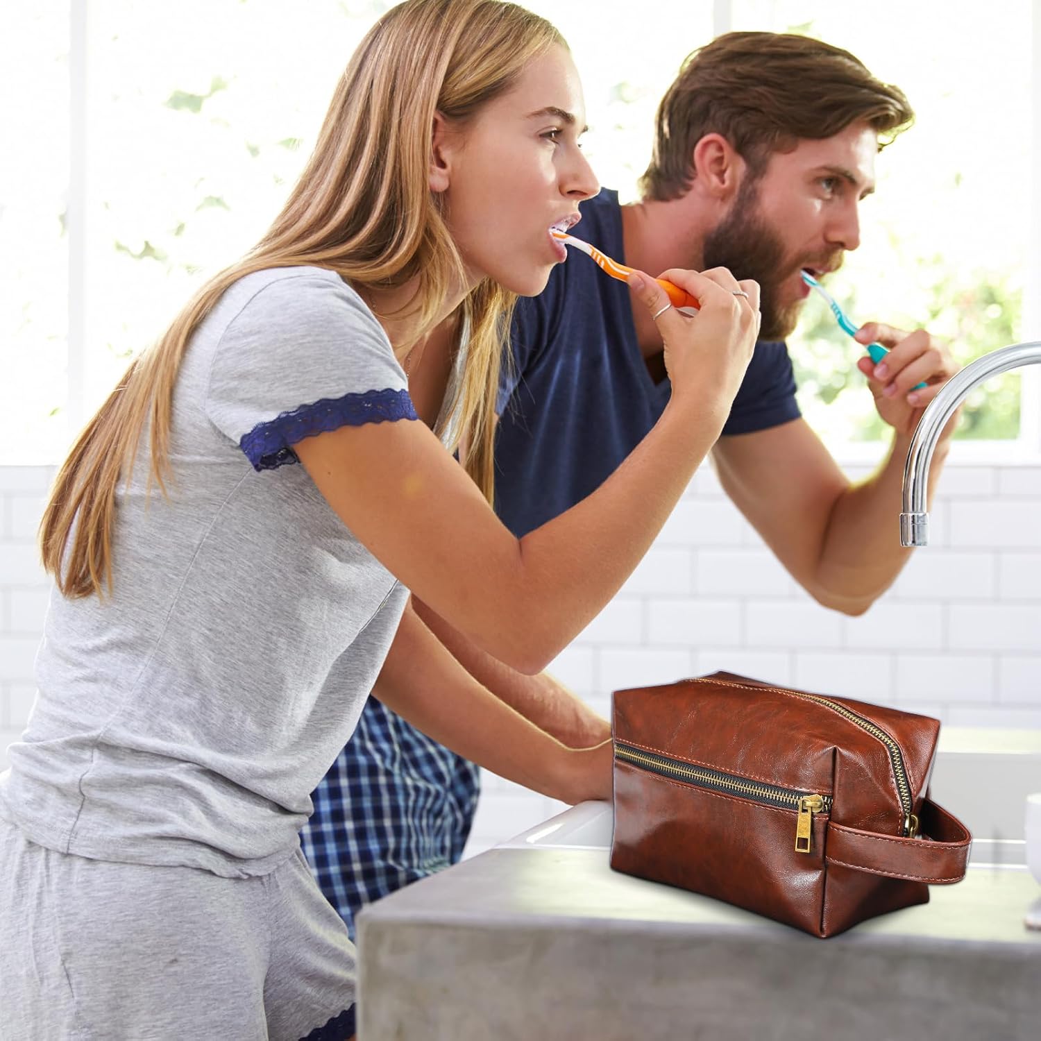 Hillban 10 Pcs Groomsmen Gift Leather Toiletry Bag for Men Travel Shaving Kit Bathroom Bag Make up Cosmetic Proposal Supplies for Wedding Favor Grooming Anniversary Boyfriend Father(Dark Brown)