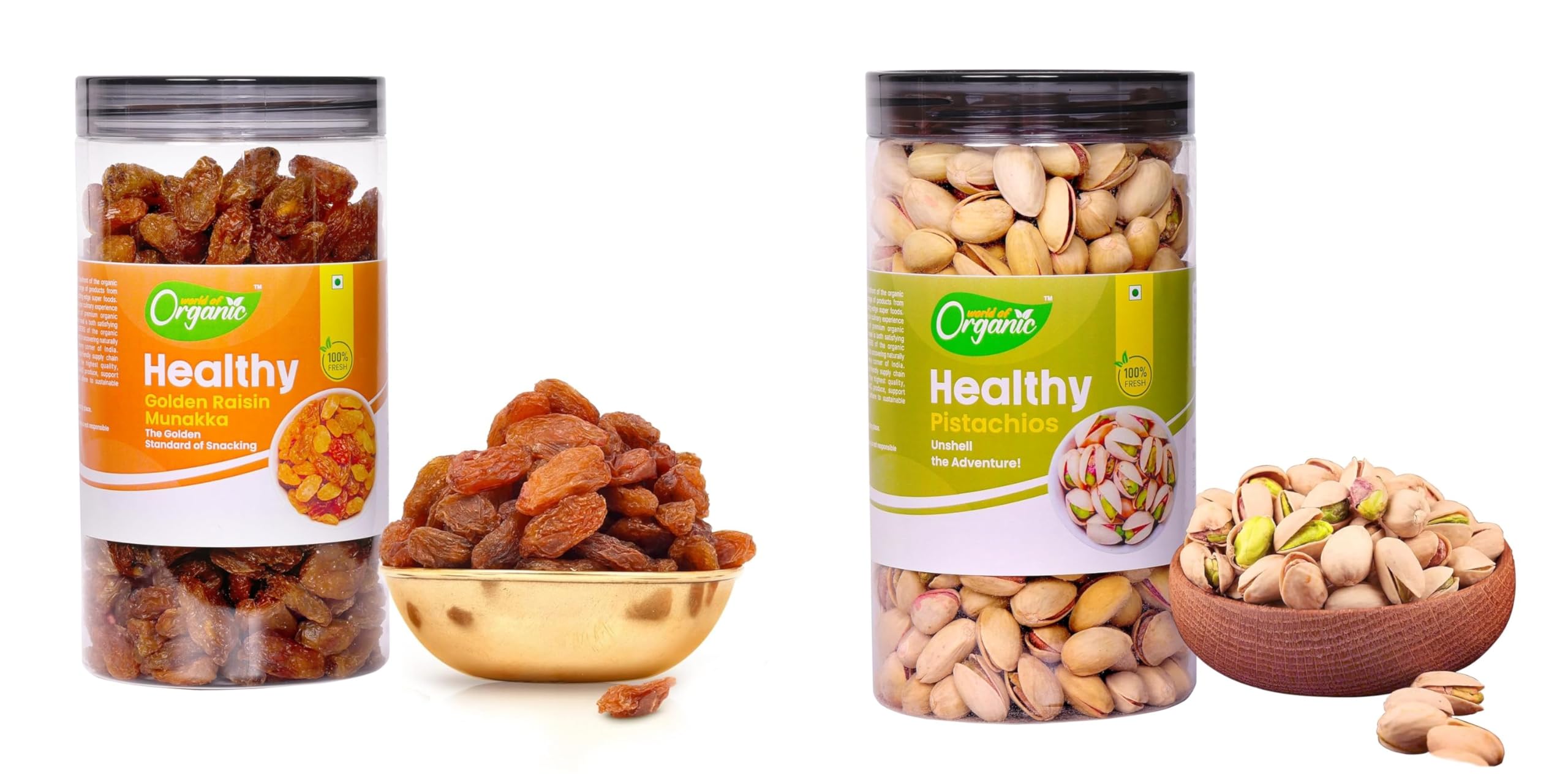 World of Organic Raisins and Pistachios Combo Pack (500g Each), Sweet and Salty, Munakka and Pista, Natural Dry Fruits and Nuts