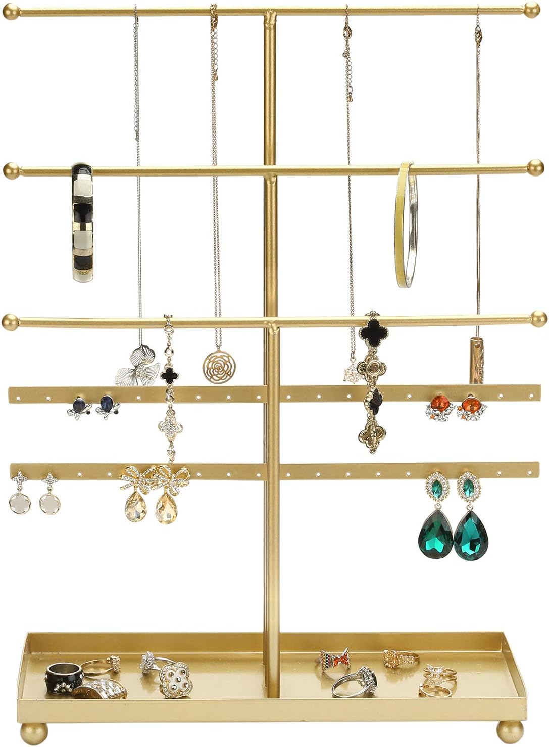 MyGift 5-Tier Gold Tabletop Metal Jewelry Necklace, Bracelet, Earring, Organizer with Ring Tray : Clothing, Shoes & Jewelry