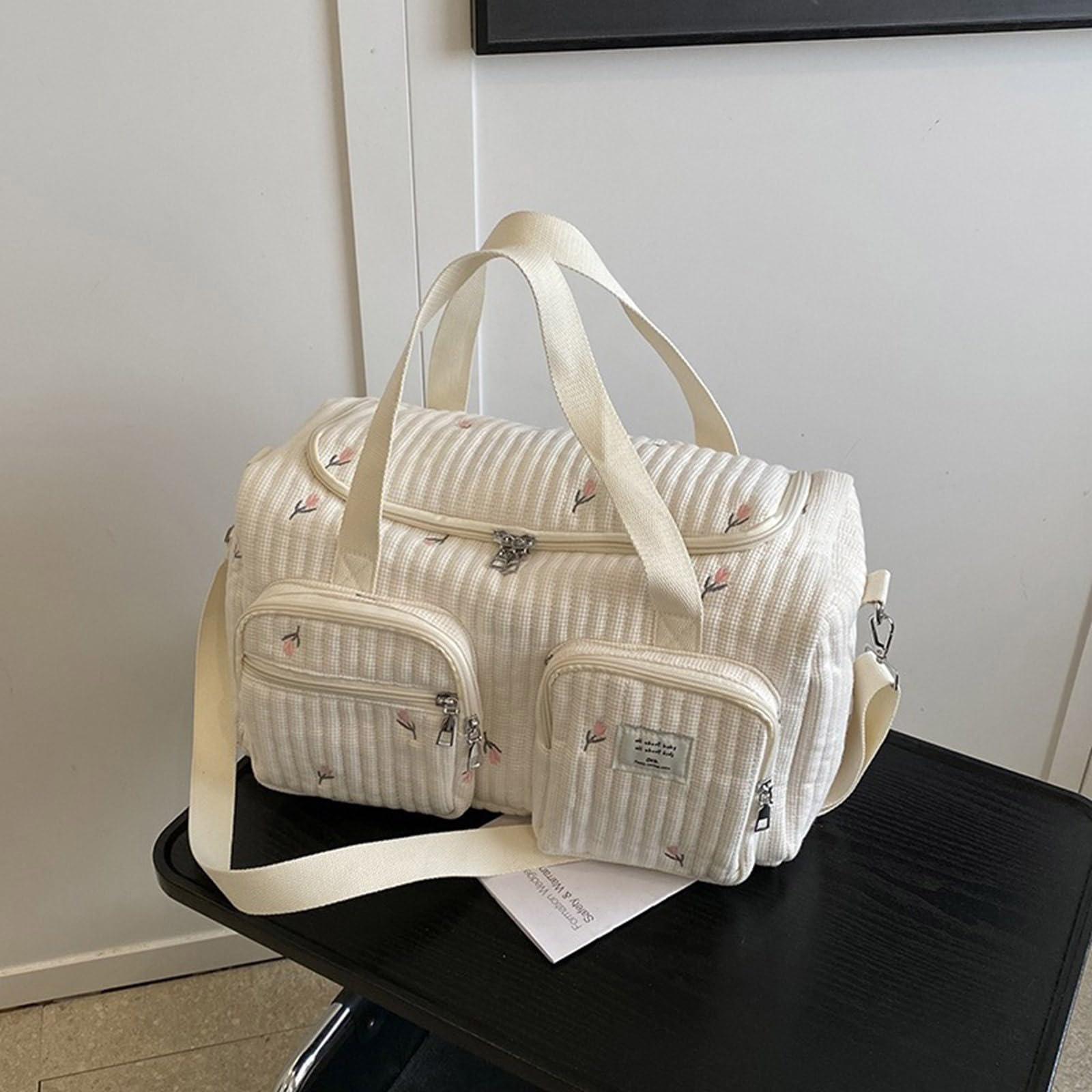 Bolso cambiador de pañales de bebé con bordado de dibujos animados, gran capacidad, organizador de algodón con correa para el hombro