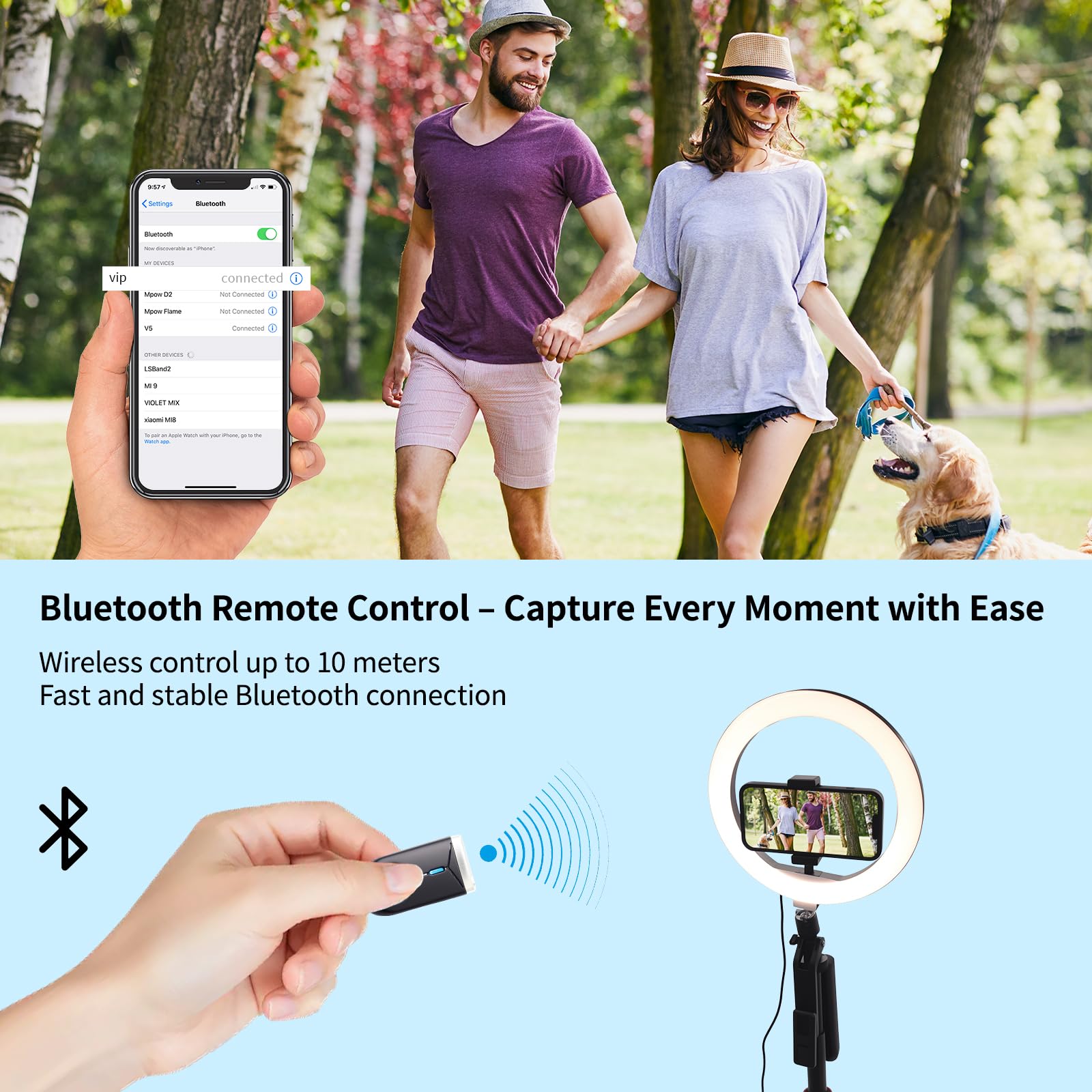 Handy-Stativ mit Ringlicht, 1,8m Aluminium Stativ mit 4-Fuß-Ständer, Bluetooth Fernbedienung, 360° drehbarer Halter, Tragbares Reisestativ für Selfie/Live-Stream/Video (Kompatibel mit Smartphones)