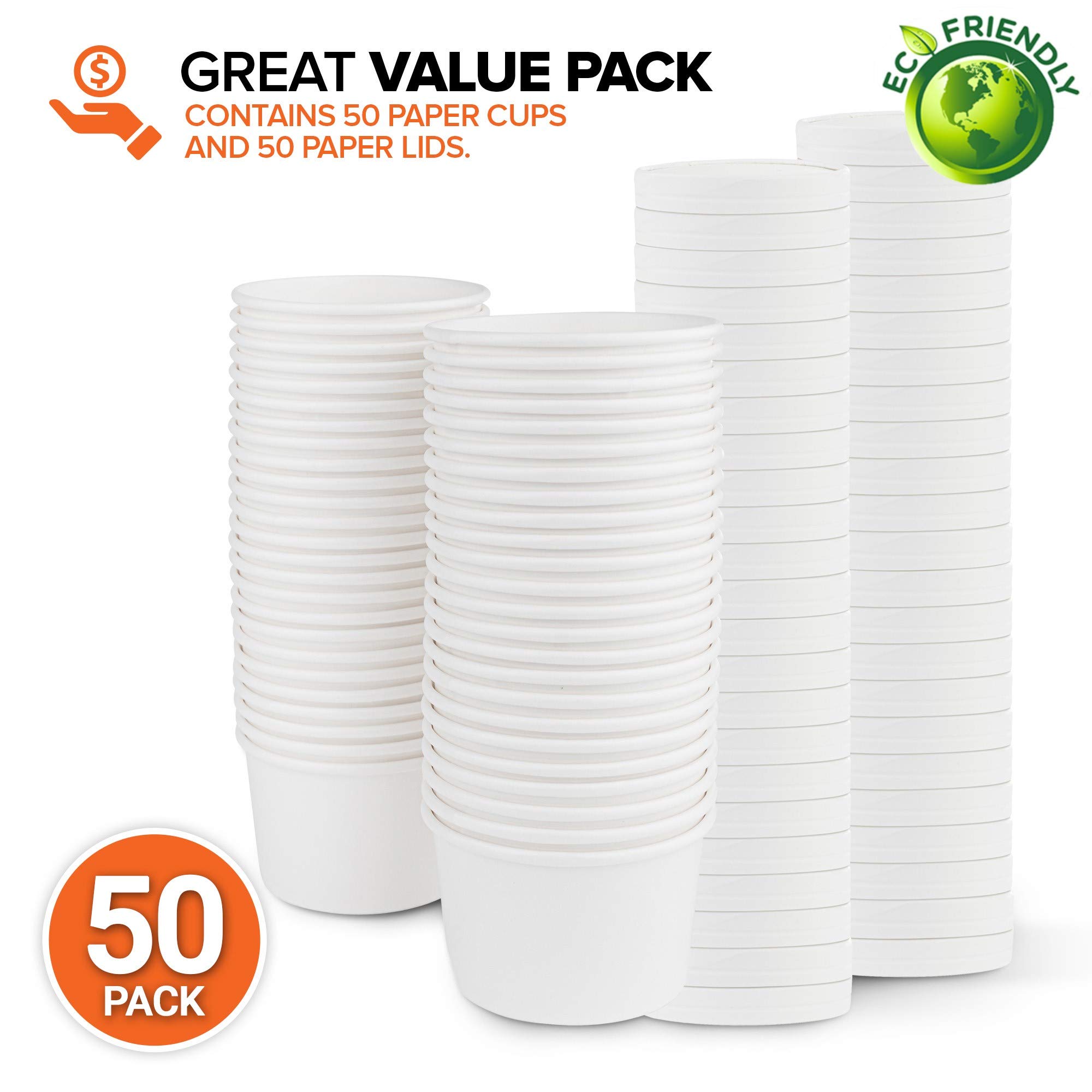 [50 Pack] 8 oz Kraft Compostable Paper Food Cup with Vented Lid Brown