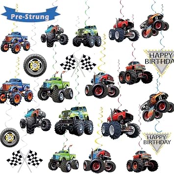 Pre-Strung Monster Truck Hanging Swirls Party Decorations, 44 Pieces, 11 Patterns