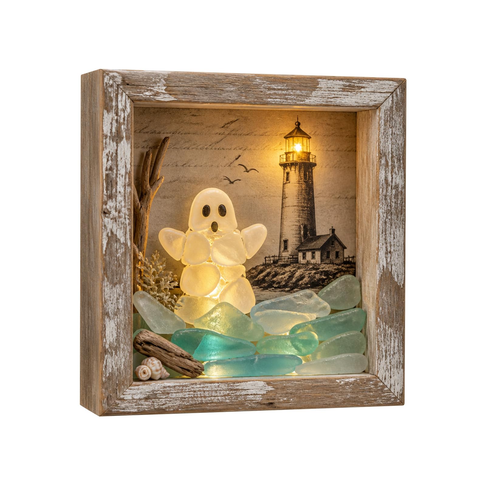 Coastal Lighthouse Sea Glass Shadow Box Night Light (A)