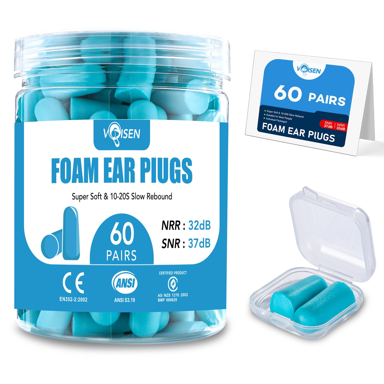 VOISEN 60 Pairs Foam Ear Plugs, Ear Plugs for Sleeping Noise Cancelling, 32dB NRR, 37dB SNR Earplugs for Sleeping, Snoring, Studying, Loud Events, Traveling & Concerts, A Storage Box, Blue