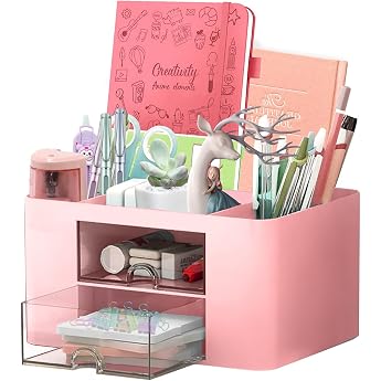 Desk Organiser 7 Compartments Pen Holder Desk Table Office Organiser with Drawer Multifunctional Desk Organiser for Office Home School Space Saving Desk Organiser Pink