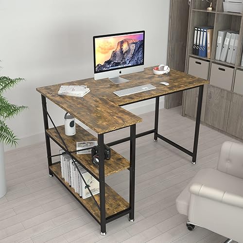 Miniatura 8 de SunyesYo Escritorio para computadora de 47 pulgadas, pequeño escritorio para juegos en forma de L con estantes de almacenamiento, mesa de esquina de