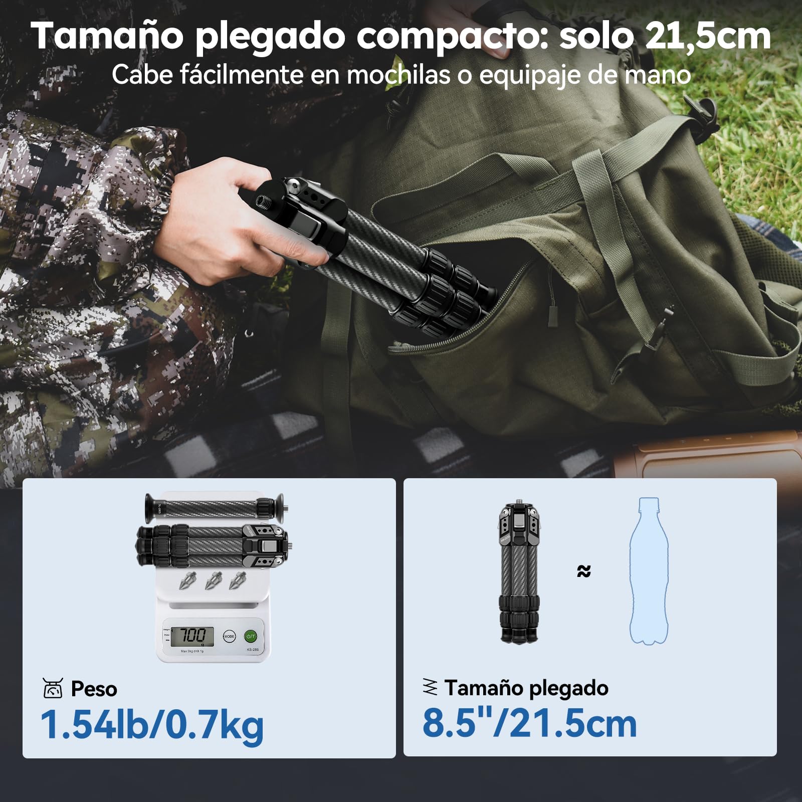 SIRUI 26,6" Mini Trípode para Cámara, Trípode de Carbono Portátil con Tubo de Extensión, Trípodes de Mesa Solo 0.7 kg y Soporte 15 kg para Escritorio y Viaje - AM-223S+SL-100S