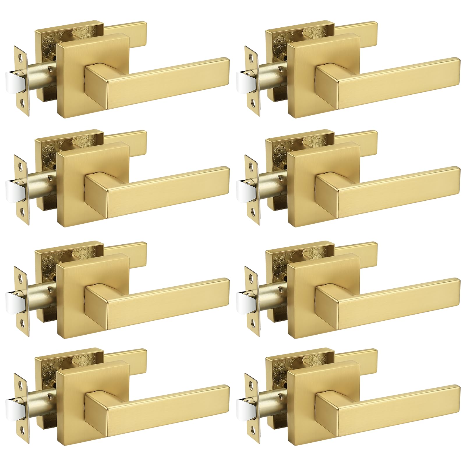 Probrico 8 Pack Heavy Duty Gold Passage Door Handle,Square Satin Brass Door Lever for Hallway and Closet, Keyless Reversible No-Locking Interior Door Knobs Both Fit Right &amp; Left Handed Side