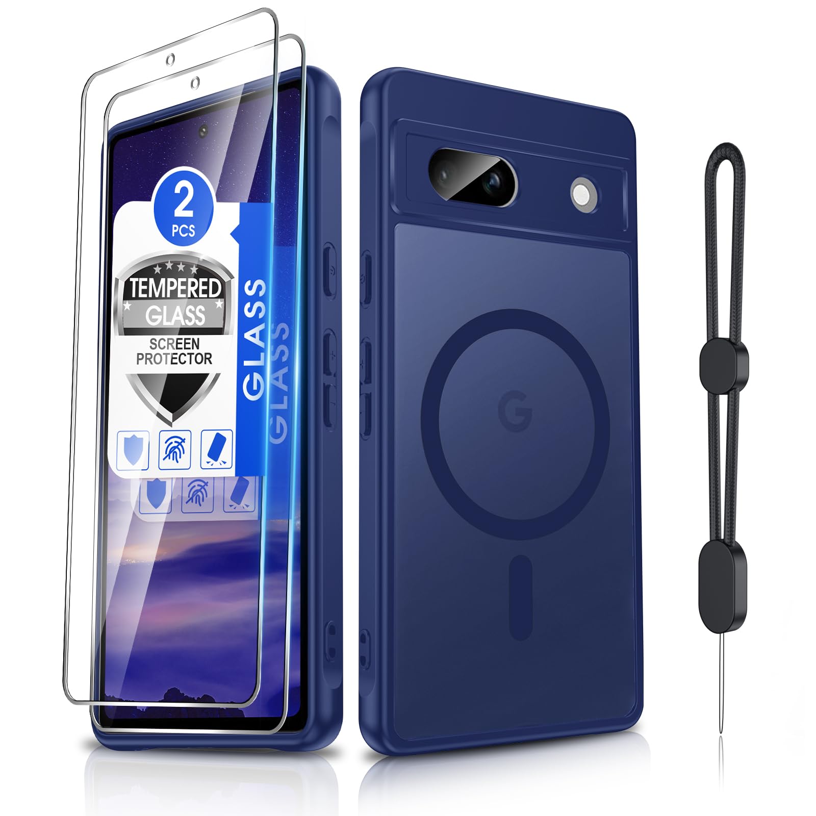 Dizn for Google Pixel 7a Case:Google Pixel 7a Phone Case,with Tempered Glass Screen Protector,Strap,Compatible with MagSafe Wireless Charging,Military-Grade Protective,for 6.1" Google 7a,Dark Blue