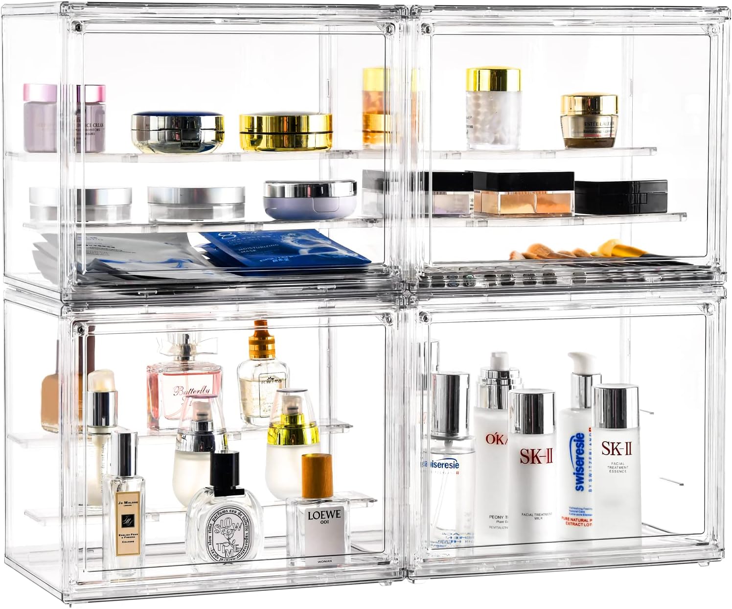 Clear Acrylic Makeup Storage Organizer, 4 Pack Stackable Perfume Organizer with Detachable Stands, Dustproof Cosmetic Display Cases with Magnetic Door for Vanity, Bathroom Countertop