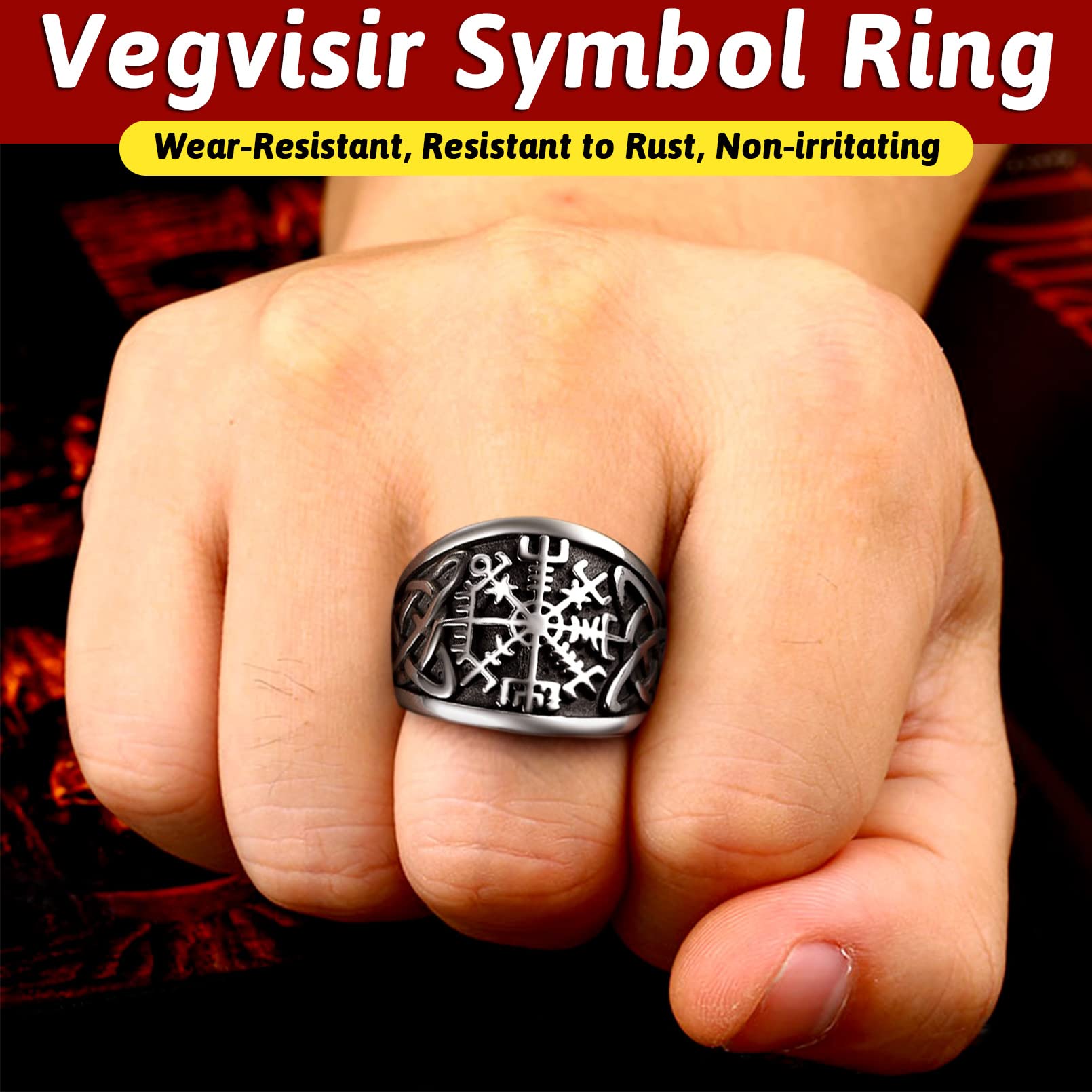 FaithHeart Anello Vichingo da Uomo Bussola Runica Vegvisir Spirito Nautico Amuleto Gioielli Nodo Trinità Celtico in Stile Nordico Anello Figo per Hiphop Punk