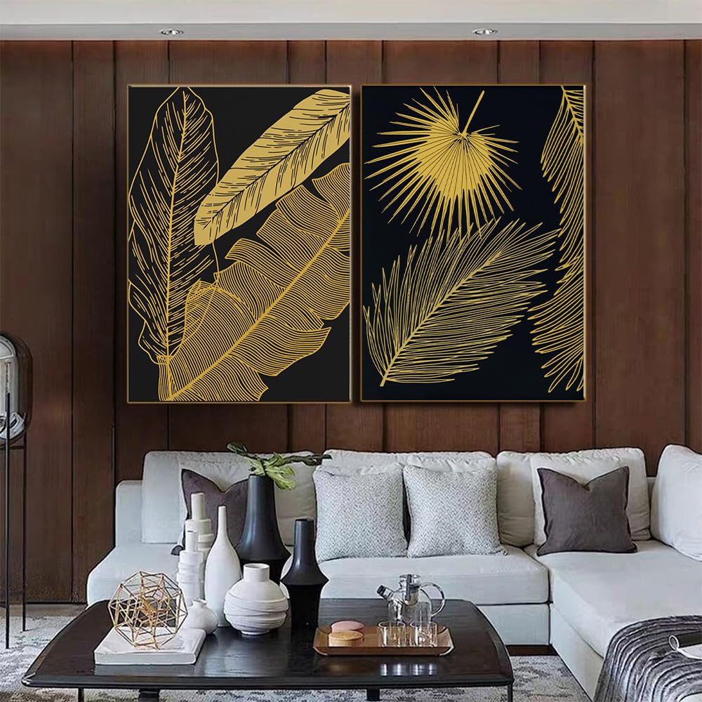 Wuhbcz Multicolored Canvas Paints,Black Golden Leaves Poster Gold Plant Wall Art Prints Canvas Painting Wall Pictures For Living Kitchen Bedroom Room Home Room Decoration-60 * 70Cm*2Pcs (No Frame)