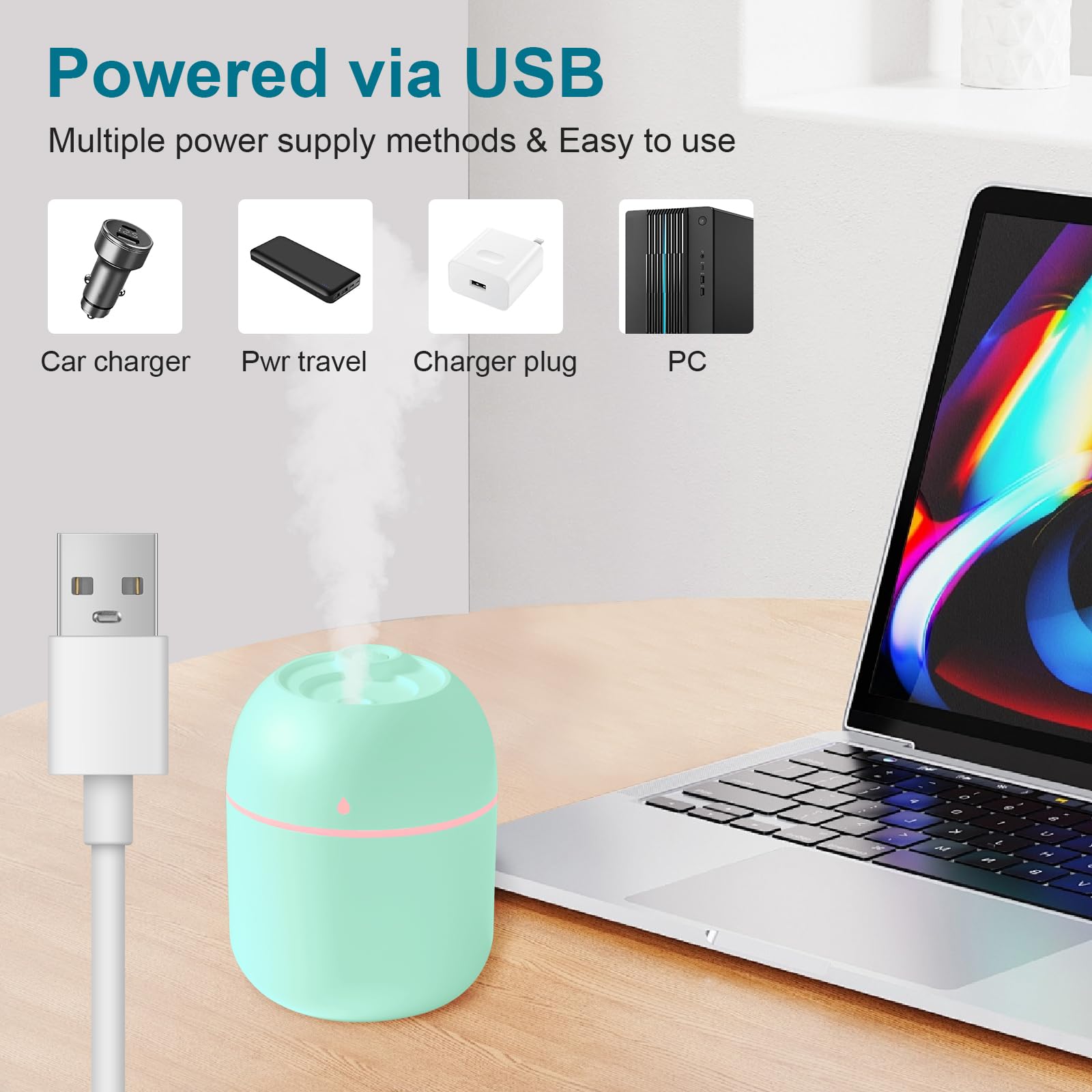 Piccolo umidificatore portatile, USB, umidificatore personale da scrivania per auto, ufficio, camera da letto, spegnimento automatico, 2 modalità di nebbia, super silenzioso (220 ml, verde)