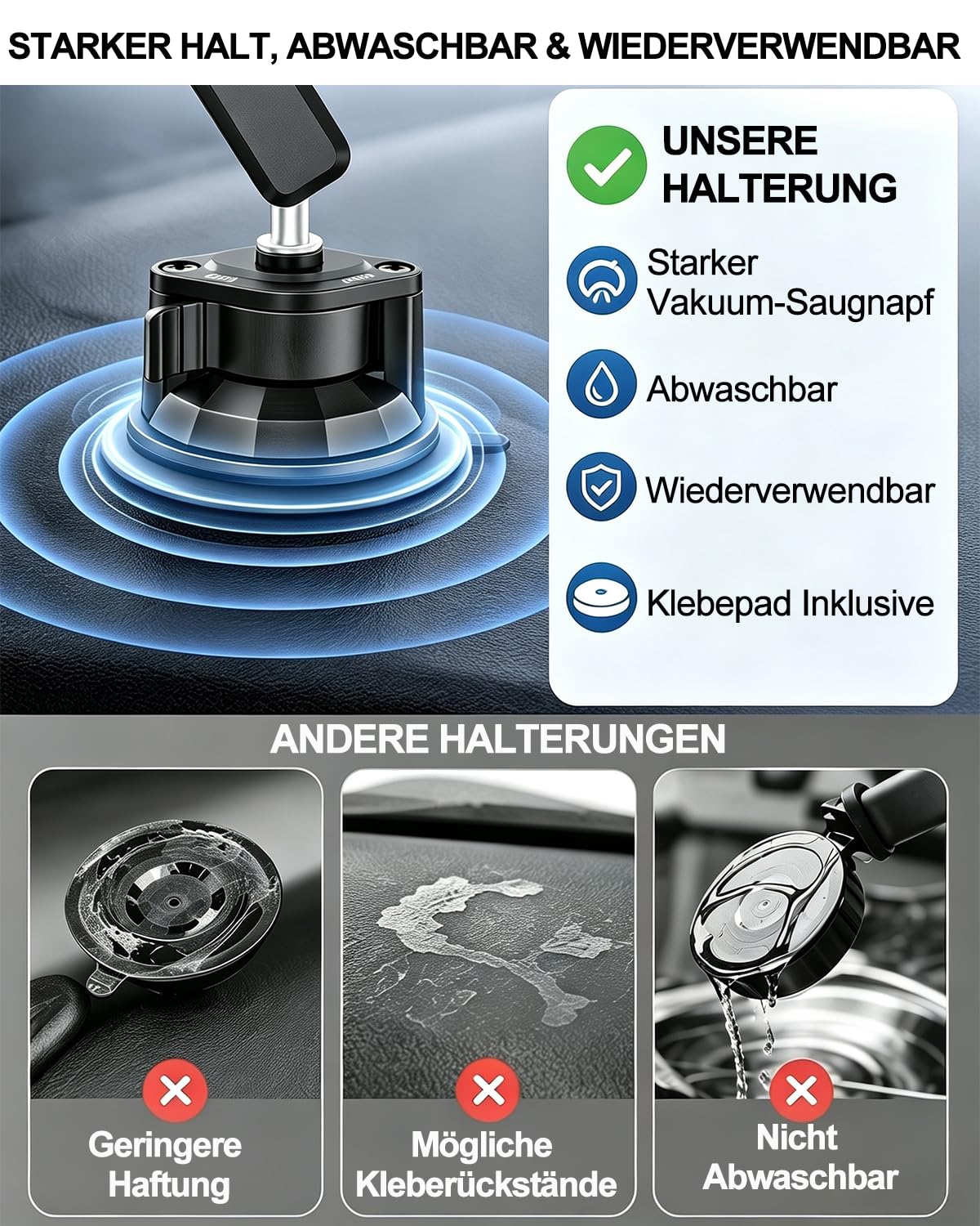 Tablet Autohalterung Vorne mit Starkem Vakuumsaugnapf, 4–13 Zoll