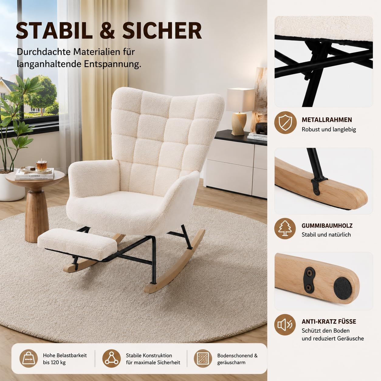 Schaukelstuhl mit Fußstütze, Sherpa Sessel, Beige, Gepolstert