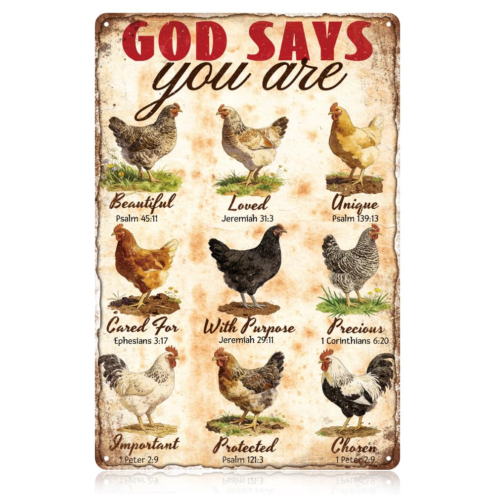 WADORN Chicken Vintage Metal Tin Sign, 12x8 Inch God Says You Are Beautiful Retro Art Sign Funny Chicken Quote Bible Decor Gift Plaque for Man Cave Cafe Pub Restaurant Garage Garden Farm Wall Poster