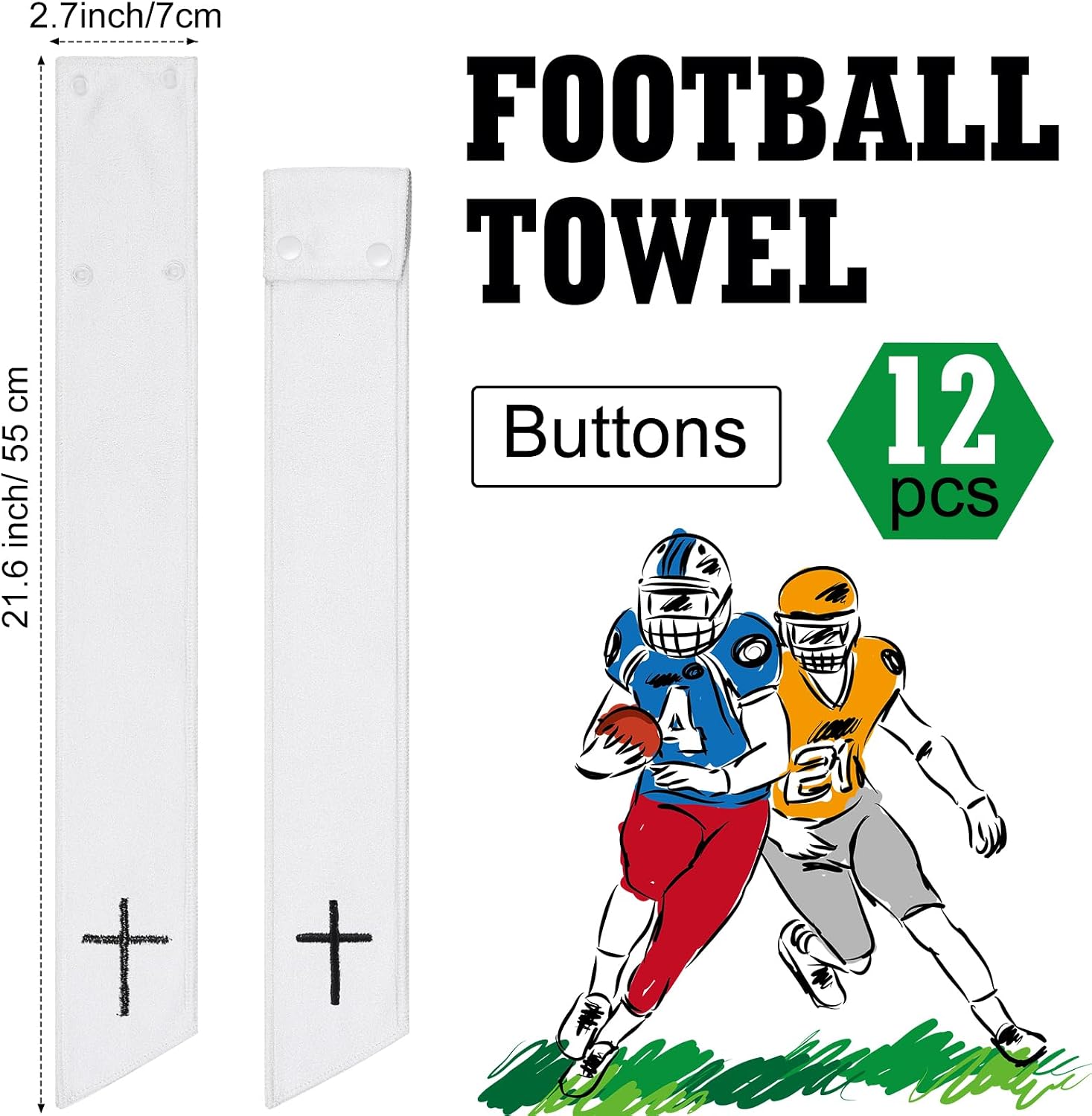 Fanfanwin 12 Pcs Football Towel Thin Sports Towel with Buttons Football Accessories Drip Streamer for Sports(White,Cross)
