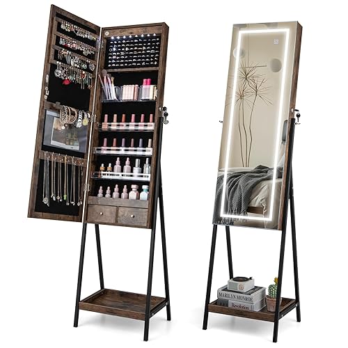 RELAX4LIFE Freestanding Jewellery Cabinet, 3-Color LED Lights Jewelry Armoire with Full-Length Mirror, 2 Drawers & Bottom Shelf, Lockable Jewellery Organiser Cosmetics Storage Unit (Rustic Brown) - Rustic Brown