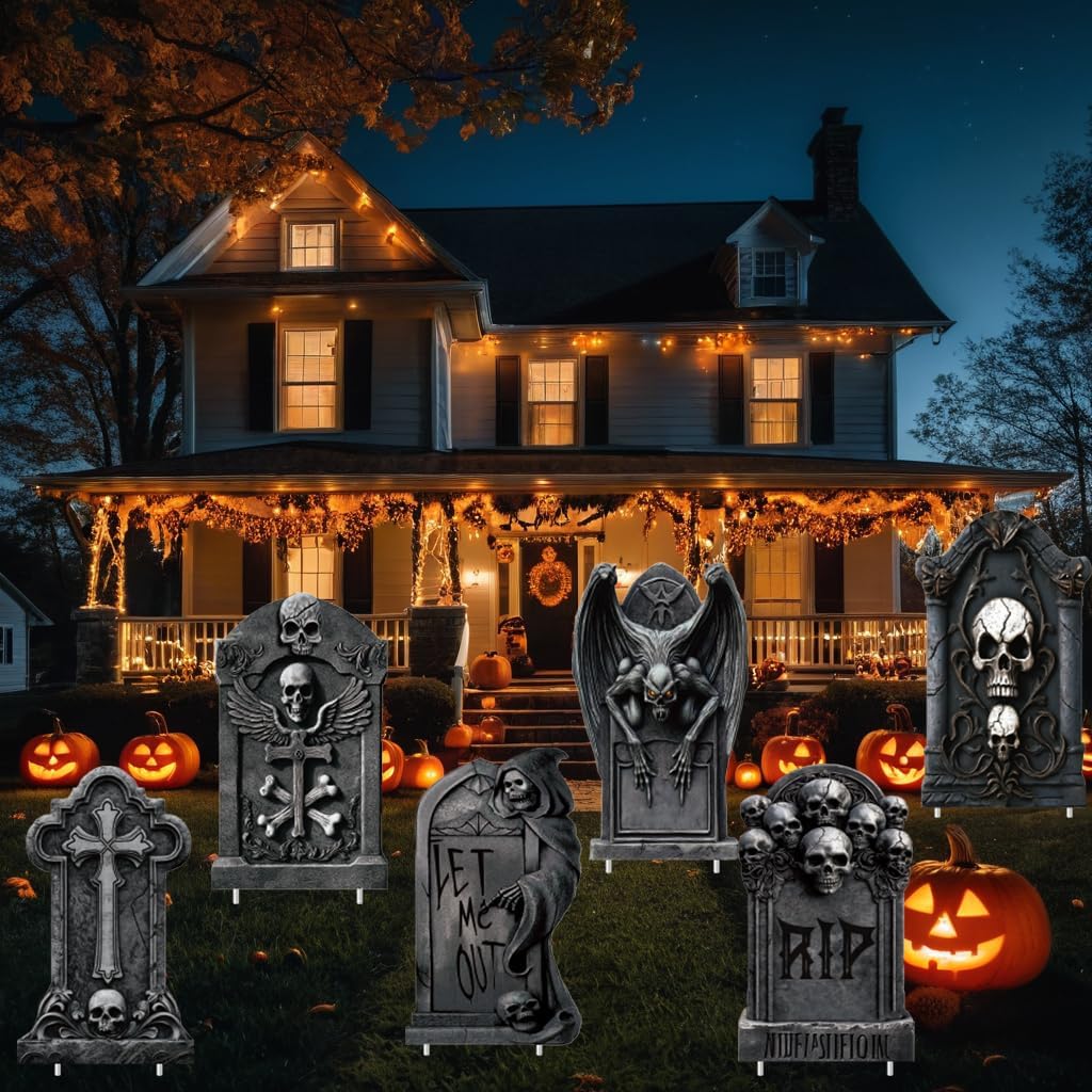 17 Inch Halloween Tombstones Decorations Outdoor - 6 Pack Realistic Graveyard Yard Signs with Stakes, Waterproof Plastic Cemetery Headstones for Lawn, Party, Haunted House (Not Foam)