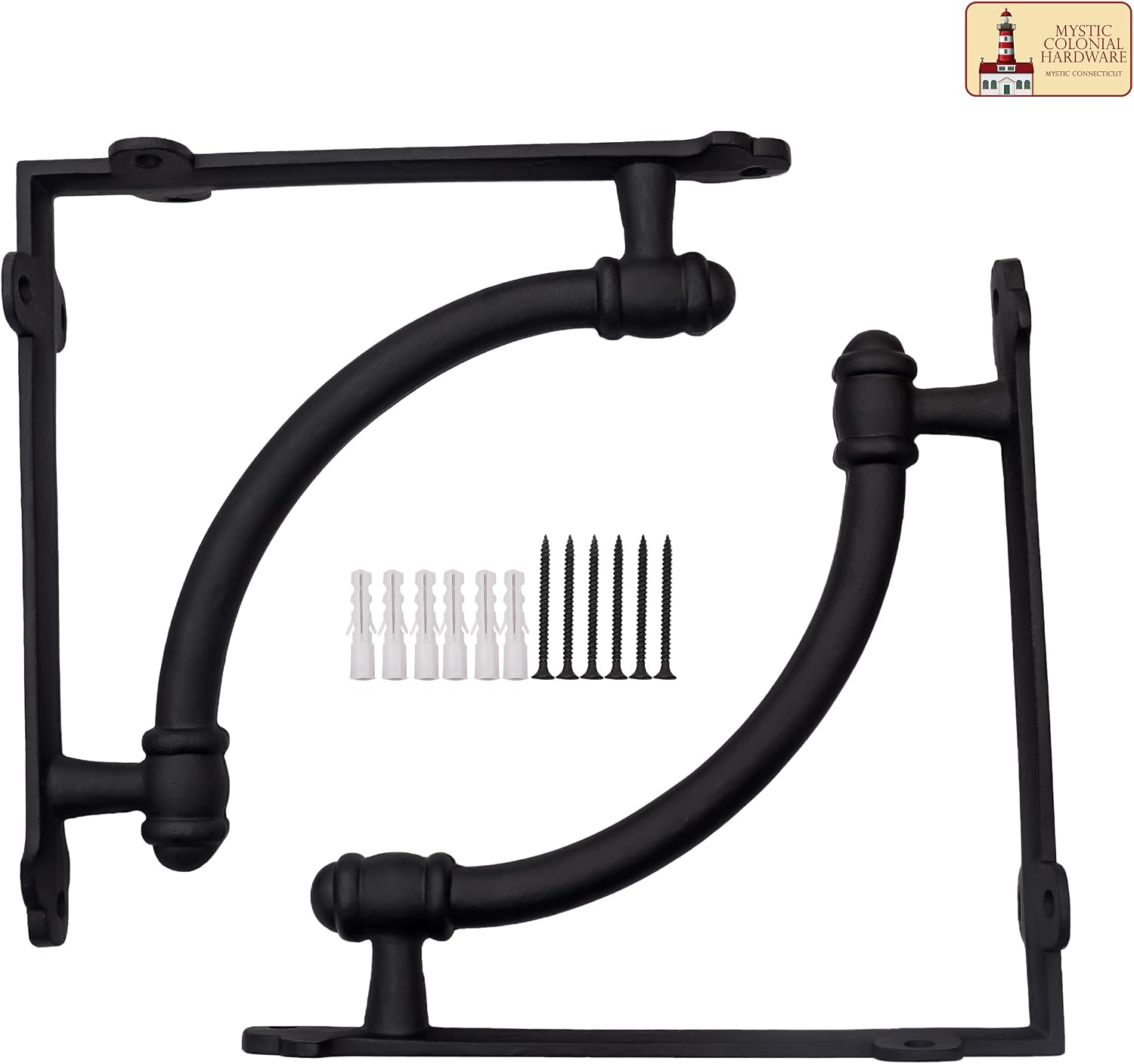 Mystic Colonial Cast Iron Shelf Brackets, Industrial Pipe Style Decorative Wall Shelf Supports, 9.25 x 9.37 Inch, Black Rustic Farmhouse Shelving Braces for Floating Wood Shelves image 2
