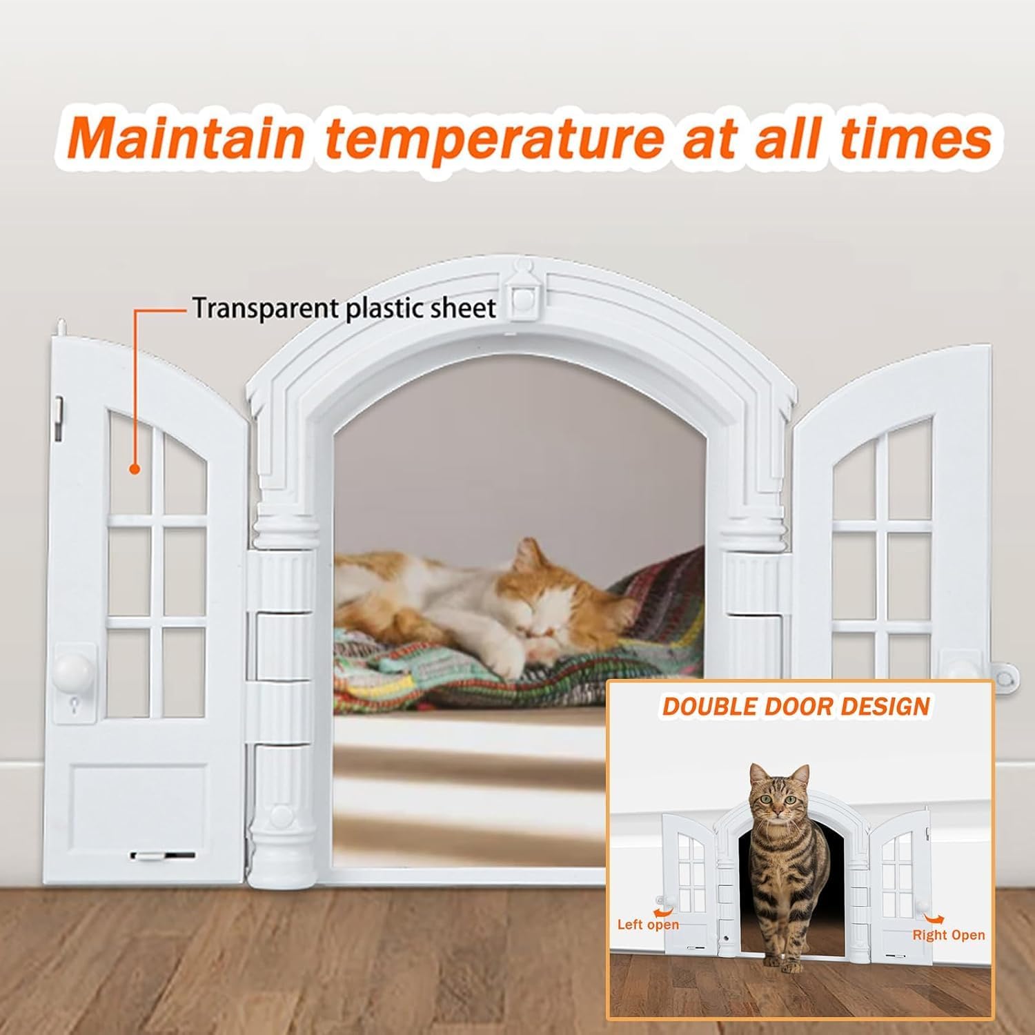 French Retro Cat Door - Durable ABS Material Double Door Design Interior Cat Door, Lockable, Easy DIY Installation for Average-Sized Cats, 9.45 x 10.83 x 2.83’’ (White, with Clear Curtain)