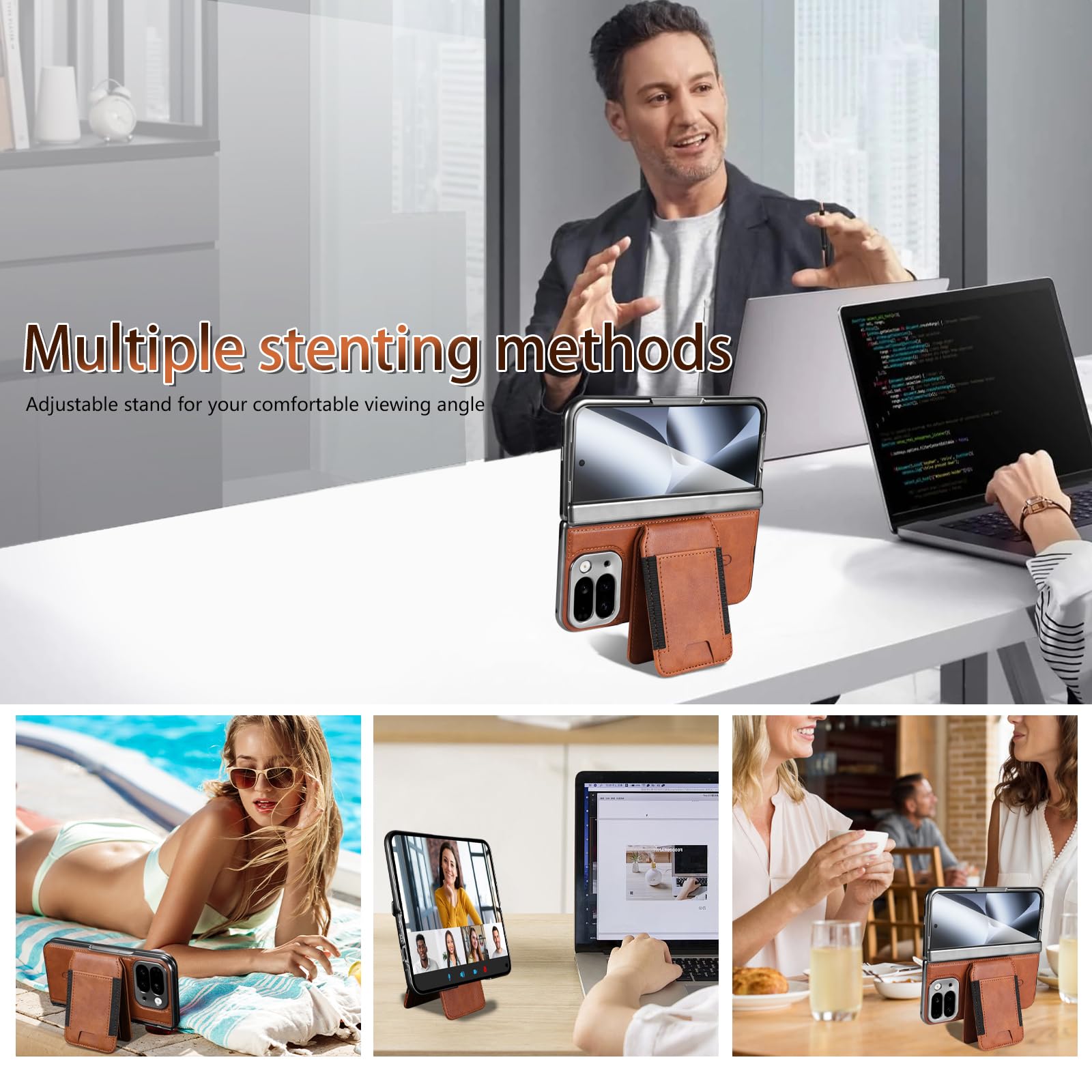 Funda Cartera para Google Pixel 10 Pro Fold 2025 con Soporte 2 en 1, Marrón | Tarjetero Desmontable para 4 Tarjetas, Soporte Vertical y Horizontal, Protector Frontal de Vidrio Templado, Exterior de PU