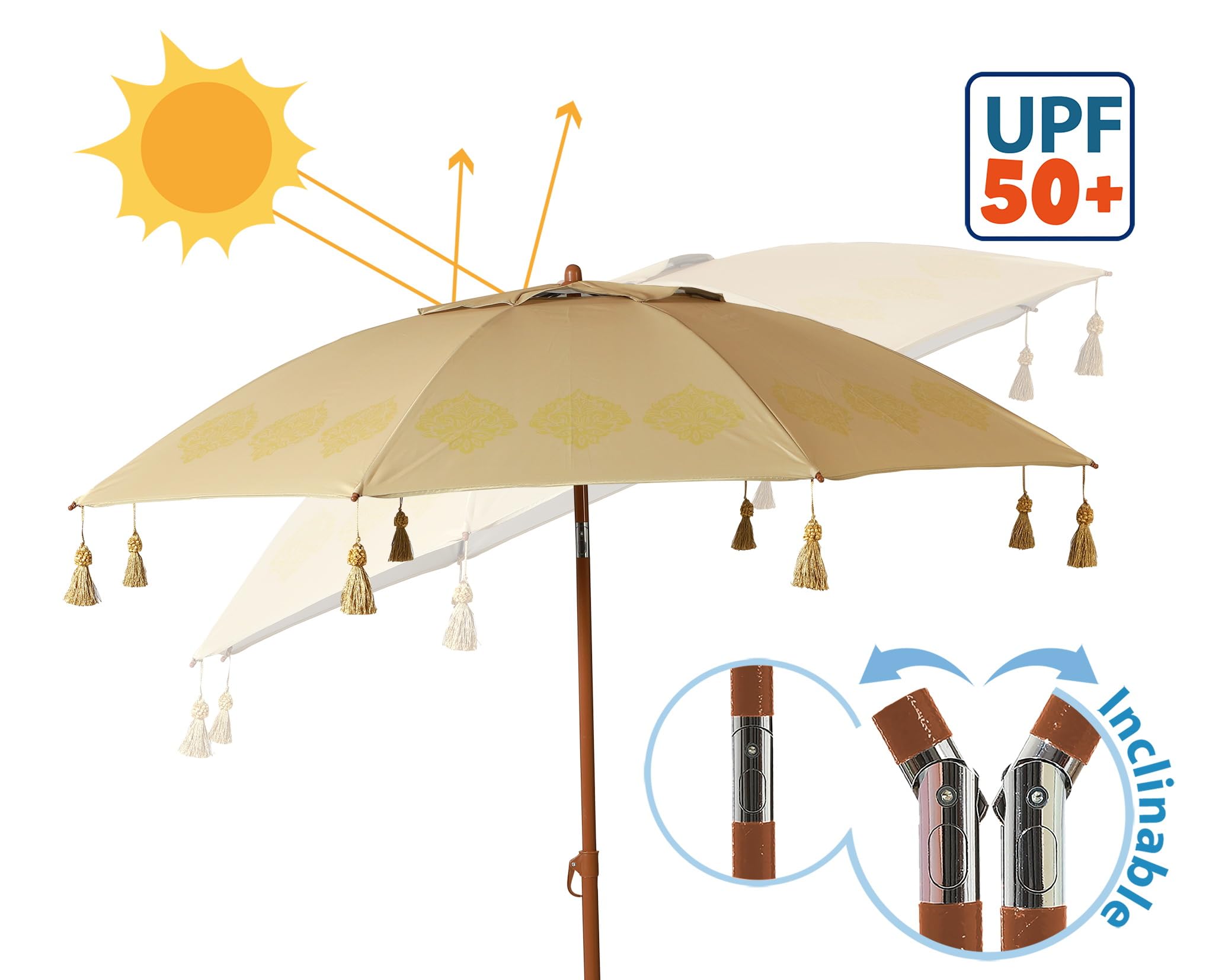 Atosa Strandschirm Ø 180 bis 240 cm aus Aluminium Orientalisches Modell mit Fransen mit LSF 50+, beige, 200 cm, Bohemien