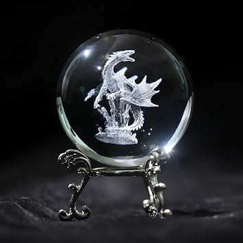 2.36in 3D Dragon Crystal Ball with Stand -3D Laser Engraving Dragon on Crystal Mythological Statue Figurine Ball Paperweight