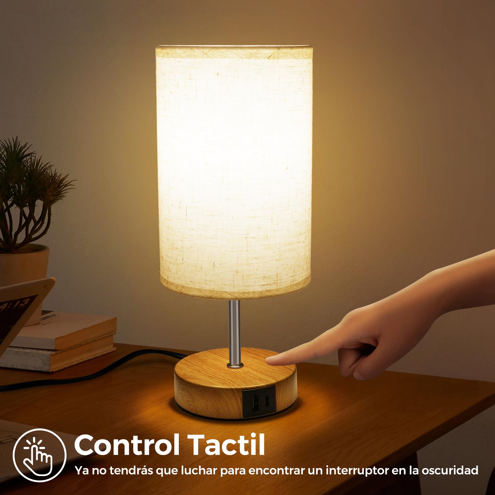 Suright Lámparas de Mesita de Noche Táctil Regulable, Lámpara de Mesa con Puertos de Carga USB A+C, Pantalla de Tela de Lino, Lámpara de Noche Pequeña para Dormitorio Salón (Bombilla Incluida)