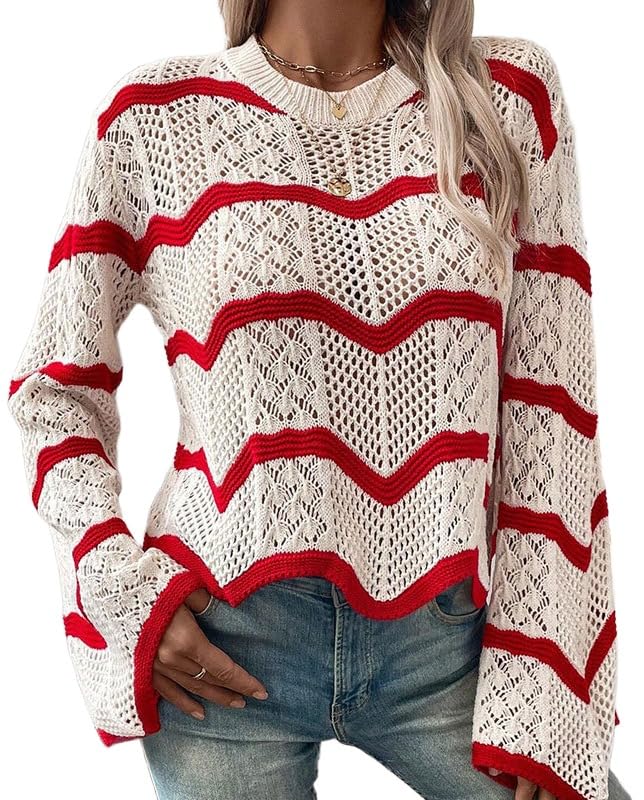 Apvirdy Womens Wave Striped Sweater Casual Loose Fit Crewneck Bell Sleeve Hollow Knit Drop Shoulder Fall Sweaters