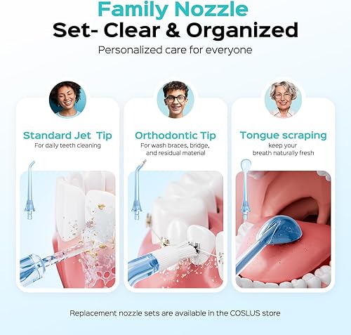 Miniatura 9 de COSLUS Irrigador de agua portátil para dientes: 3 modos y 6 ajustes de presión con modo de chorro, pico dental de agua para ortodoncia, aparatos