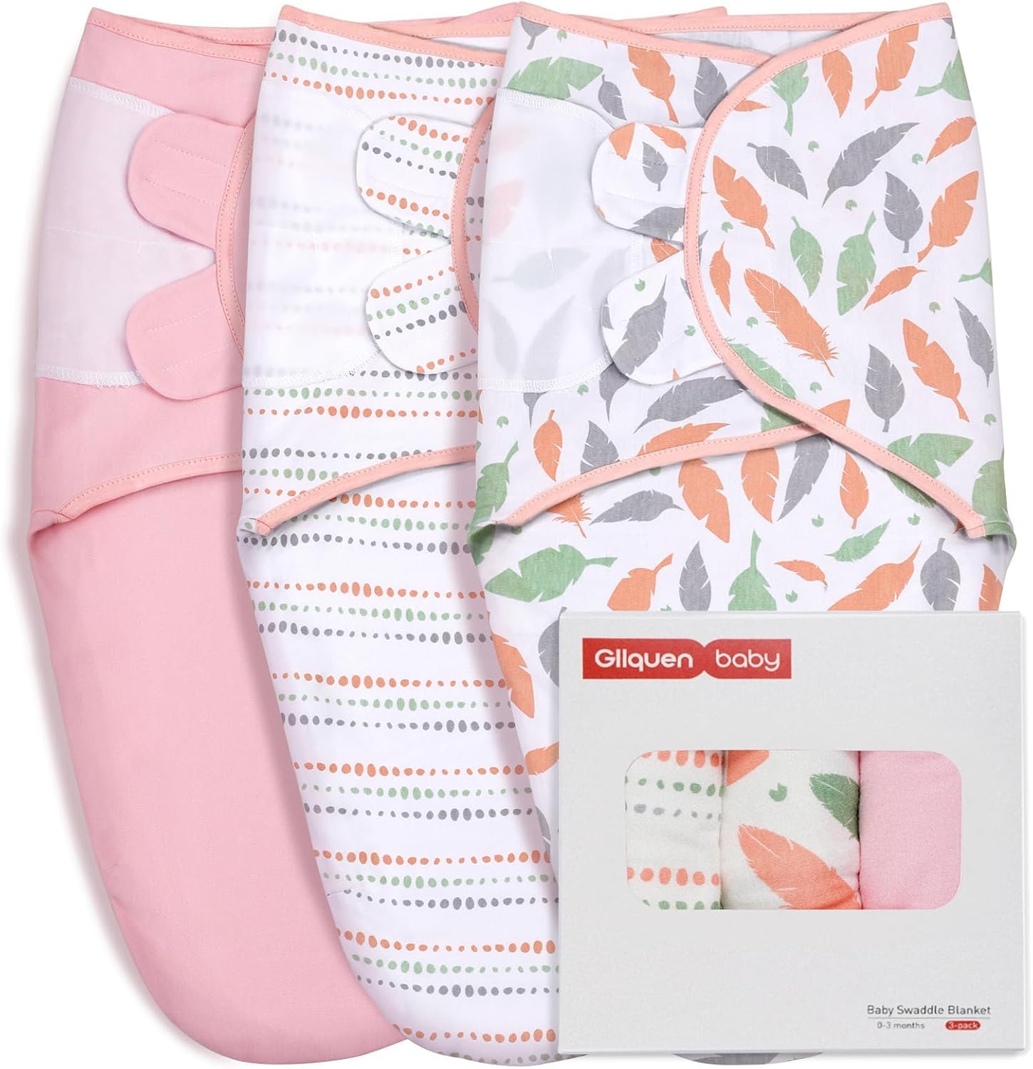 GLLQUEN BABY Swaddle Blankets for Baby Girls, 3-6 Months, Orange Pink Feather & Wave Point, 3 Pack Wrap Set, Newborn Adjustable Swaddles Sleep Sack, (Medium/Large) Feather & Wave Point Medium/Large (3-6 Month)
