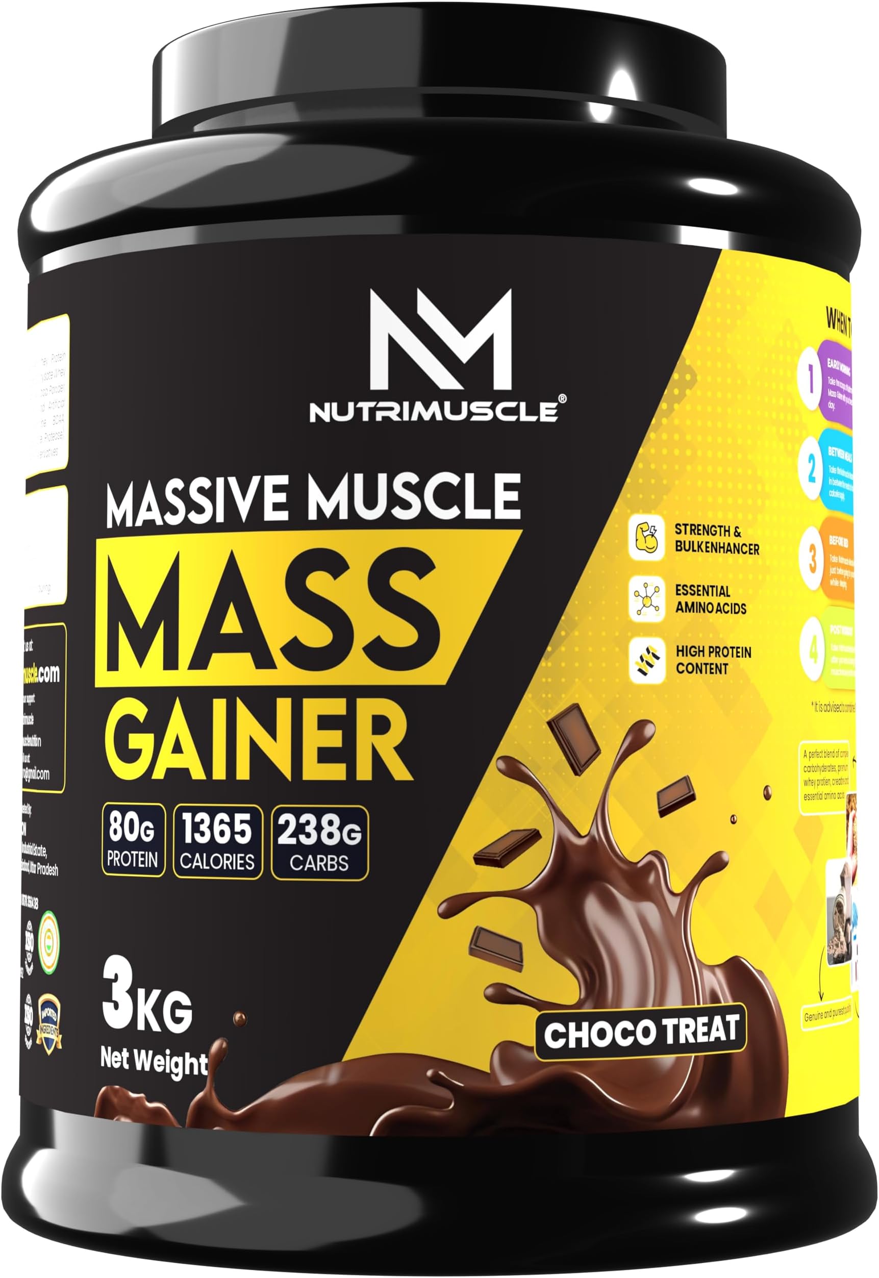 - Nutrimuscle Massive Muscle Mass Gainer - 3 Kgs - Choco Treat (Chocolate) Flavour - for Mass, Muscle, Power & Strength Gain - Contains Complex Carbohydrates, Whey Protein, BCAA , Digestive Enzymes & Essential Vitamins & Minerals - Also Contains Nutrimuscle CREATINE MONOHYDRATE - High protein Gainer