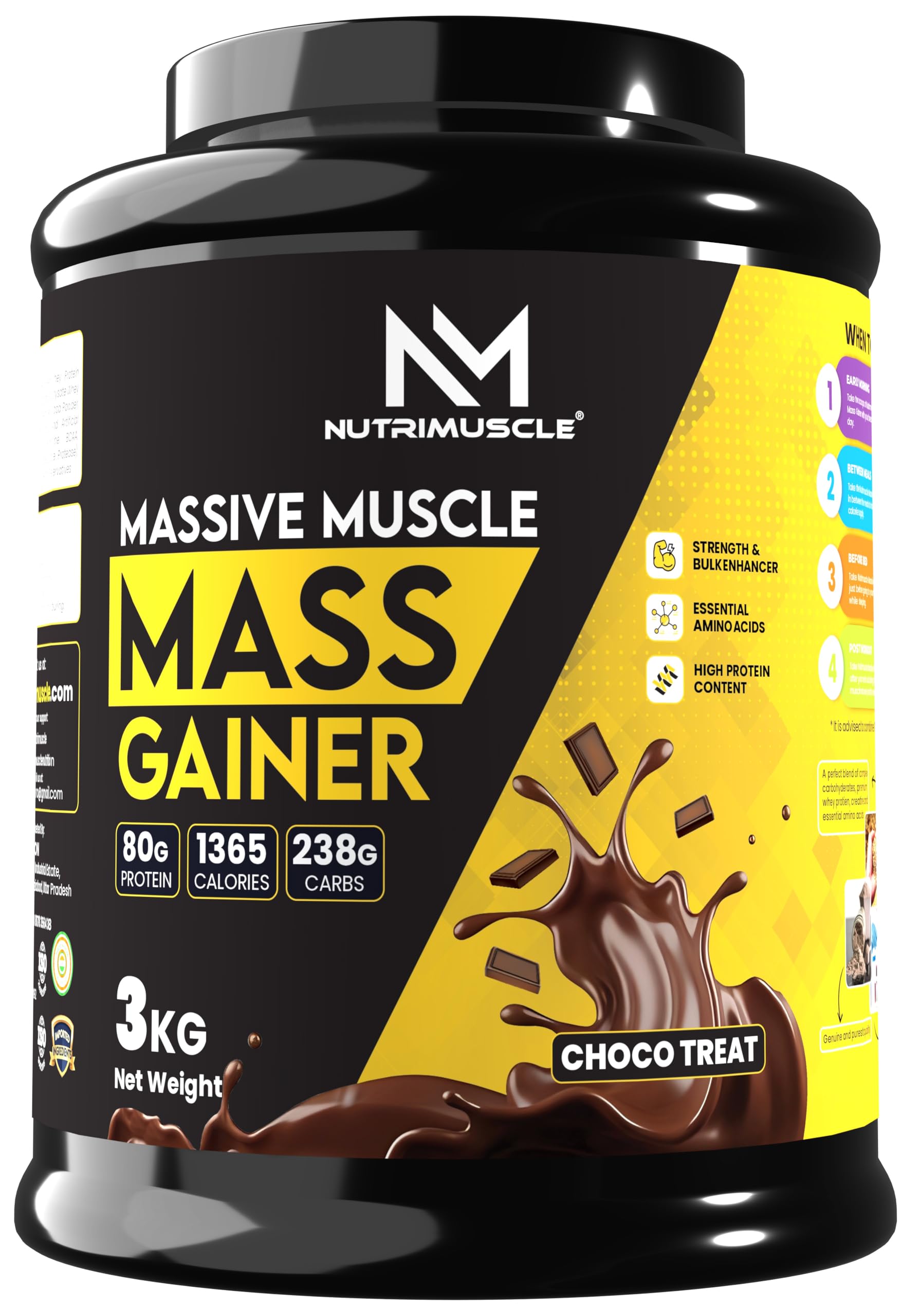 Nutrimuscle Massive Muscle Mass Gainer - 3 Kgs - Choco Treat (Chocolate) Flavour - for Mass, Muscle, Power & Strength Gain - Contains Complex Carbohydrates, Whey Protein, BCAA , Digestive Enzymes & Essential Vitamins & Minerals - Also Contains Nutrimuscle CREATINE MONOHYDRATE - High protein Gainer