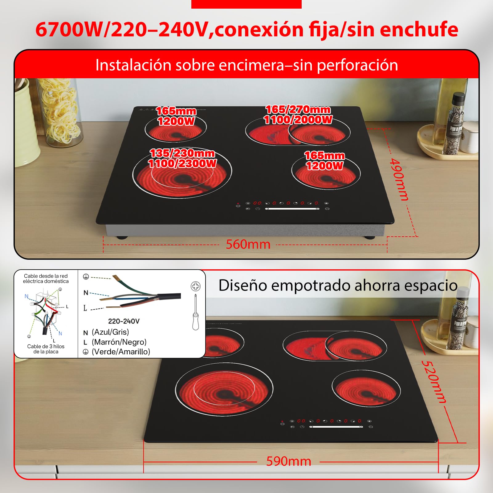 Placa Vitrocerámica 4 Fuegos 6700W Deslizante Extensible Seguridad Infantil