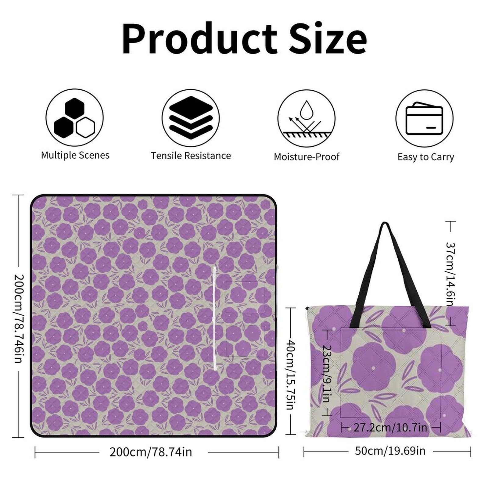 3D Impression Fleurs-White-Repeat-Purple Couverture Pique Nique Tapis Pique Nique Nappe Picnic Couverture De Pique-Nique pour Le Voyage, Le Camping, Les Vacances, Etc 200x200cm