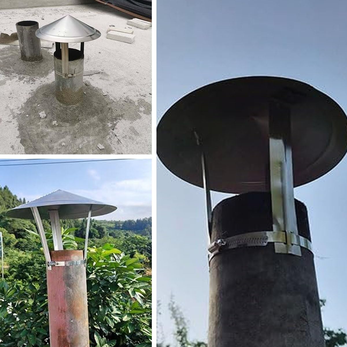 Stalowa nasadka kominowa 304 z elastycznymi metalowymi paskami, osłona komina przeciwdeszczowego, kominek na drewno, kominy wydechowe, osłona komina wentylacyjnego dla oude, 17 cm