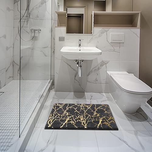 Miniatura 7 de QJHOMO Alfombra de baño de mármol gris y dorado, alfombra de baño antideslizante súper absorbente, alfombra de baño de microfibra de felpa lavable a